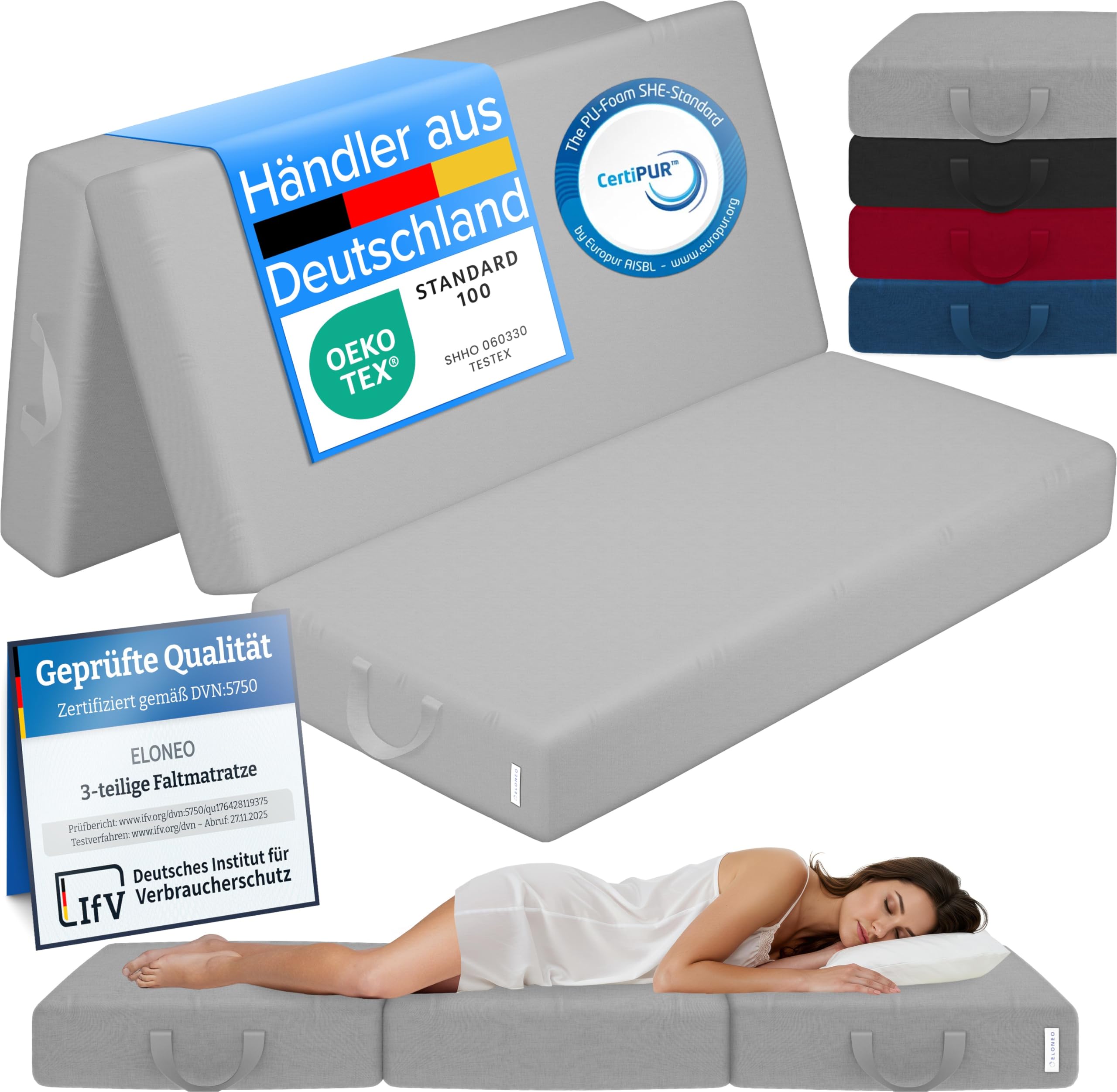 ELONEO Klappmatratze, Gästematratze, 3-teilige Faltmatratze, Schaumstoff extra dick (15cm), waschbar, Bandscheibenwürfel, klappbar, Faltbare Matratze, Erwachsene (Grau, 140 x 195 x 15 cm) – Amazon Angebot