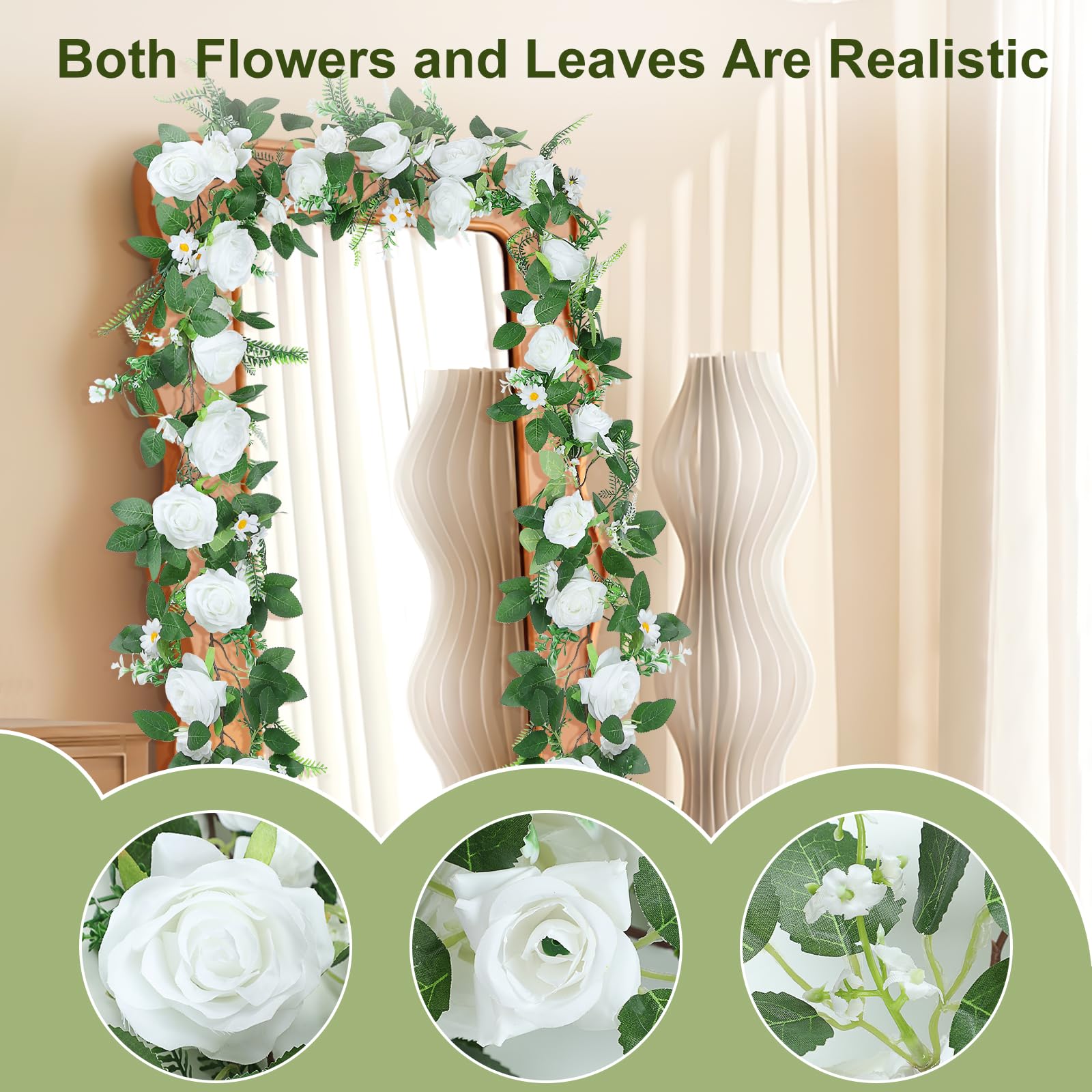 ASDJHFABKY Guirnalda de Rosas Blancas Muy Bonitas, 1,8 m, Flores Artificiales de Primavera, para Arco de Boda, Mesa, Centro de Mesa, decoración del hogar, Fondo de Pared, decoración de San Valentín.