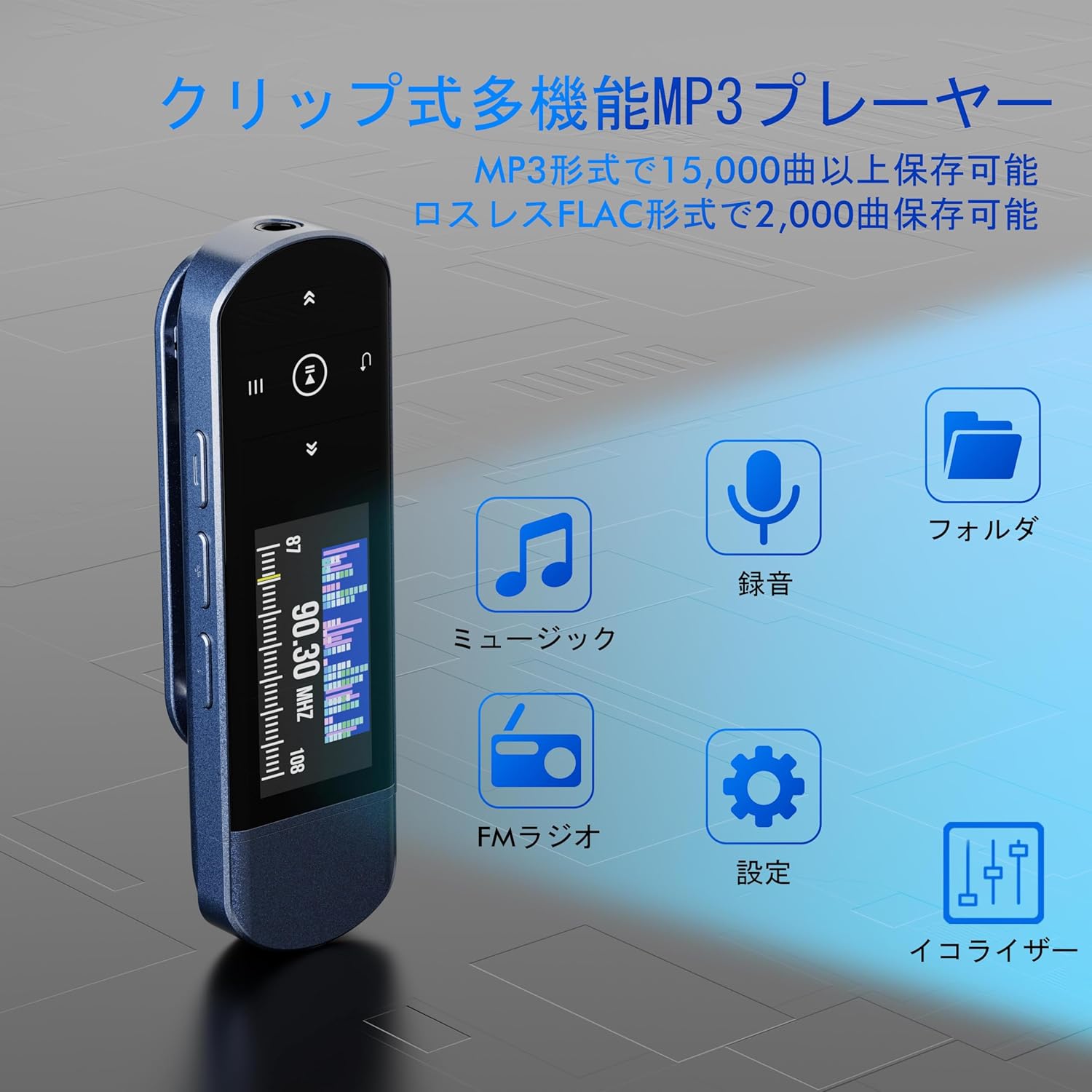 RUIZU MP3 Player showing its clip-on design and various function icons for music, recording, FM radio, settings, and equalizer.
