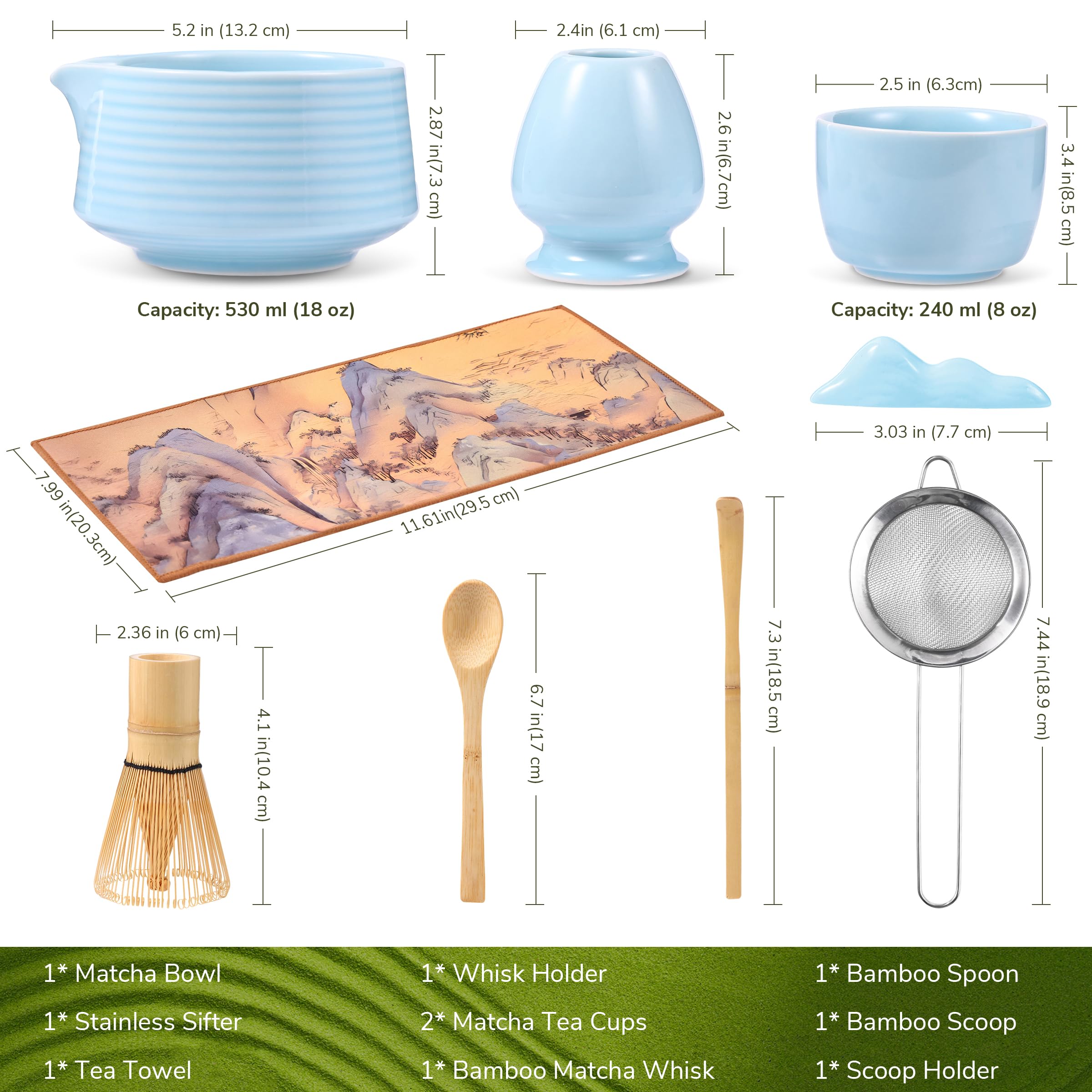 HELPLX - Set di fruste Matcha giapponesi, 10 pezzi, con ciotola, frusta e supporto, 2 tazze da tè, paletta in bambù, cucchiaio, setaccio, poggia paletta e strofinaccio, set da tè matcha blu per