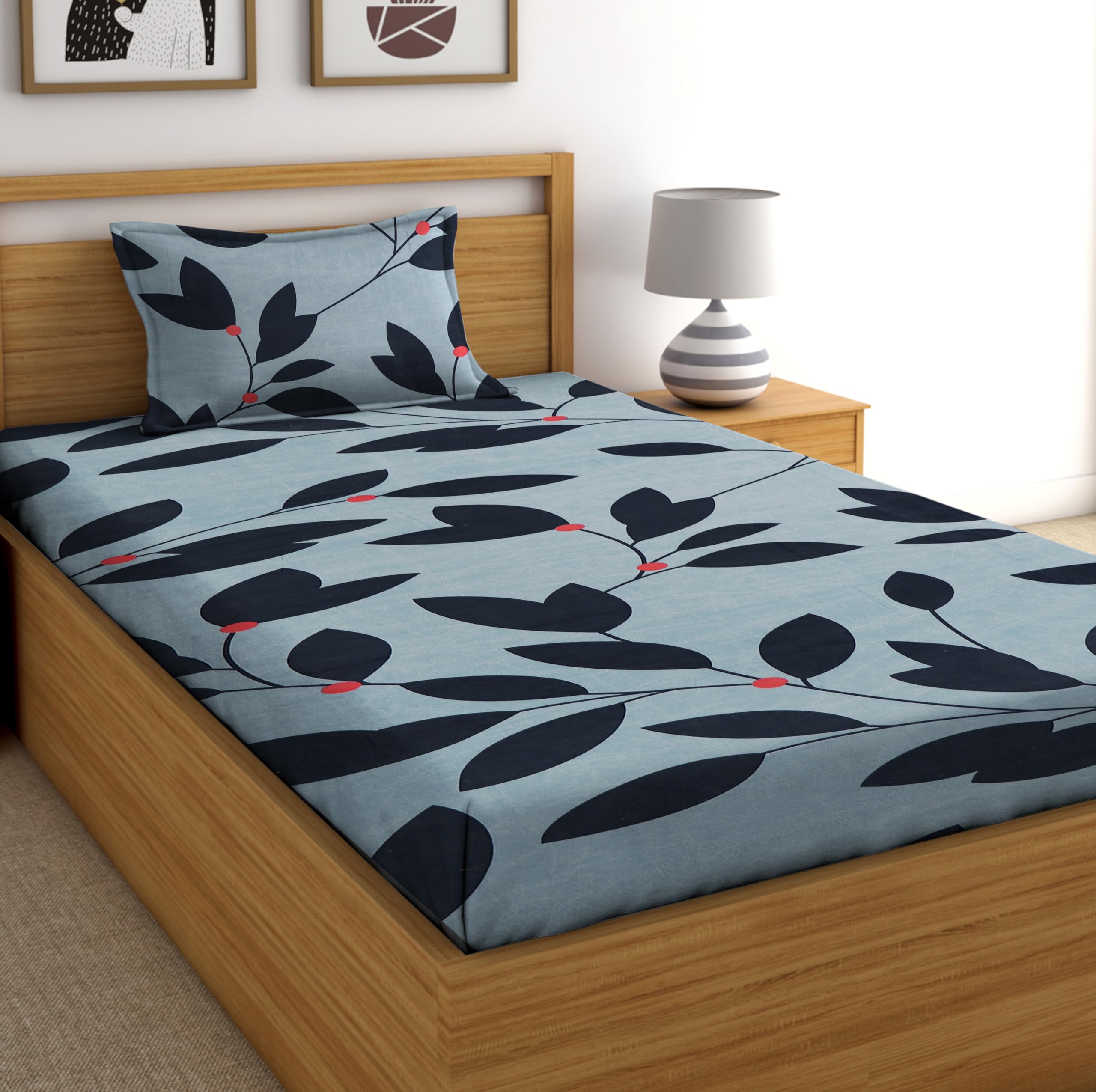 DECORUM Glace Cotton All Around Elastic Fitted Single Bedsheet (72"x48") with 1 Pillow Cover | Soft, Smooth & Wrinkle-Free Fabric | Fits Up to 6" Mattress | 200-220 TC