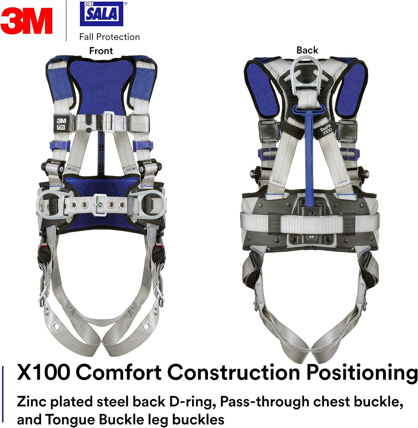 3M DBI-SALA ExoFit X100 Comfort Construction Positioning Safety Harness with Weight Distribution, OSHA, ANSI, 2 D-Ring Connections, Tongue Buckle Leg Buckle, Pass-through Chest Buckle, 1401041, M