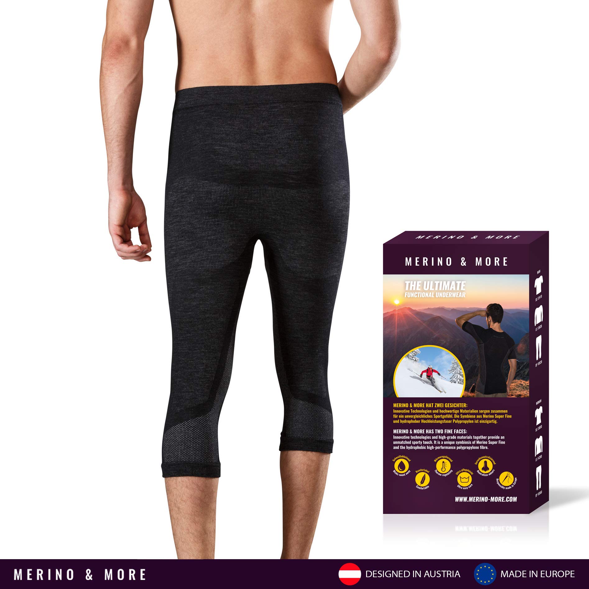 Merino & More Merino Unterhose Herren - Funktionsunterwäsche Merinowolle - 3/4 lang