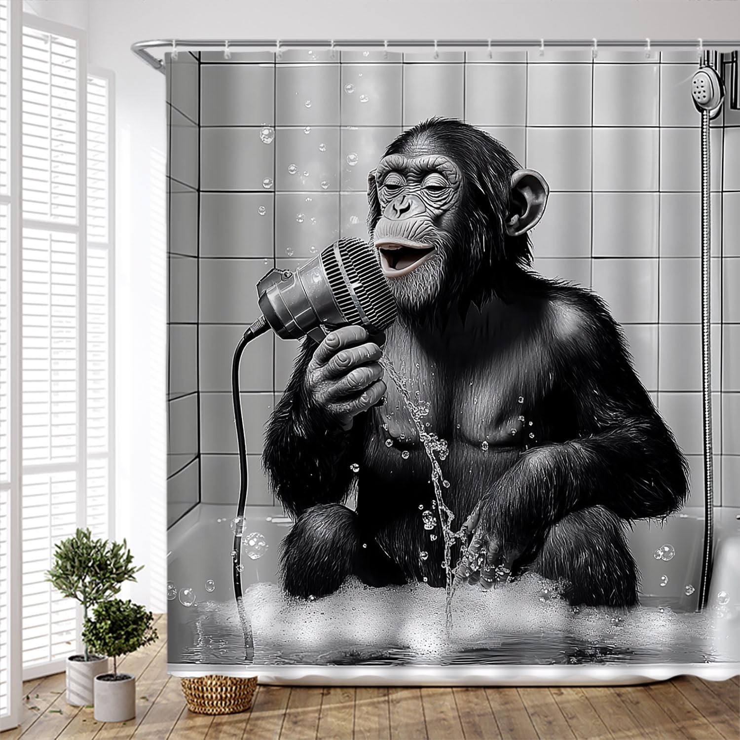 Funny Monkey Shower Curtain Chimpanzee Singing in Bathtub Humorous Black White Animal Modern Cool Boys Men Home Bathroom Polyester Fabric Curtains with Hooks 90Wx70H Inch