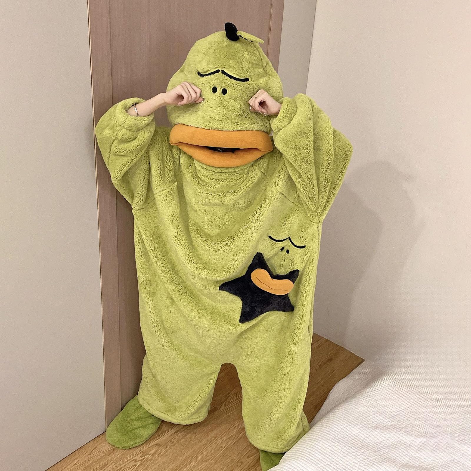 Genérico Pijama Mono de Monstruo Verde para Mujer Hombre, Sudadera con Capucha de Franela, Pijama de Cuerpo Entero Acogedor con Bolsillos, Disfraz Cálido Unisex para Hogar, Halloween y Carnaval