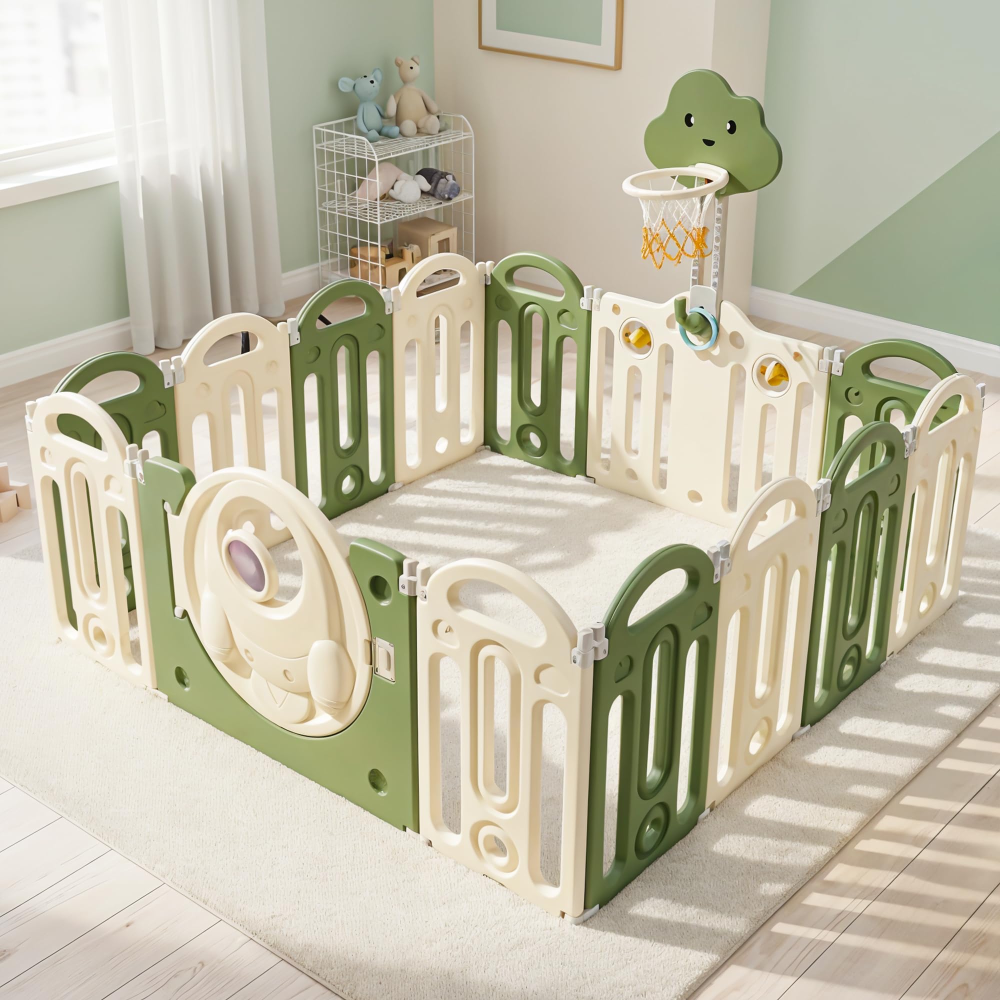 Baybee Kids Playpen for Babies | Foldable Baby Play Area Indoor Setup with Basket Ball Hoop, Safety Door Lock & Double Knob | Outdoor Play Pen for Baby for 0 - 5 Years Boys Girls | Baby Activity Playards with Kids Customized Shapes (Green-14 Panels)-picture-29