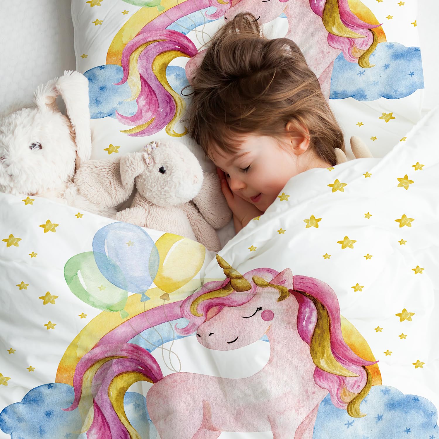 Licorne Enfant Housse de Couette, Fille Parure de Lit 90x190cm - Microfibre Parure de Couette avec Fermeture Eclair + 1Taie d'oreiller 40x60cm