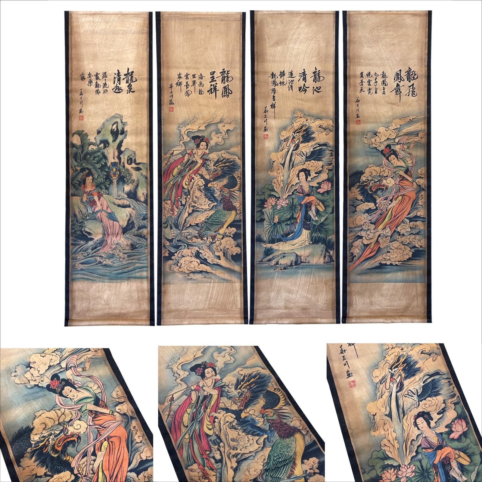 CIFIBIFUN Dragon Geisha Beauty Japan Style Ancient Replica Wall Poster Painting, Wooden Hanging Scroll, for Walls Print Decor (14"x49"x4PCS)