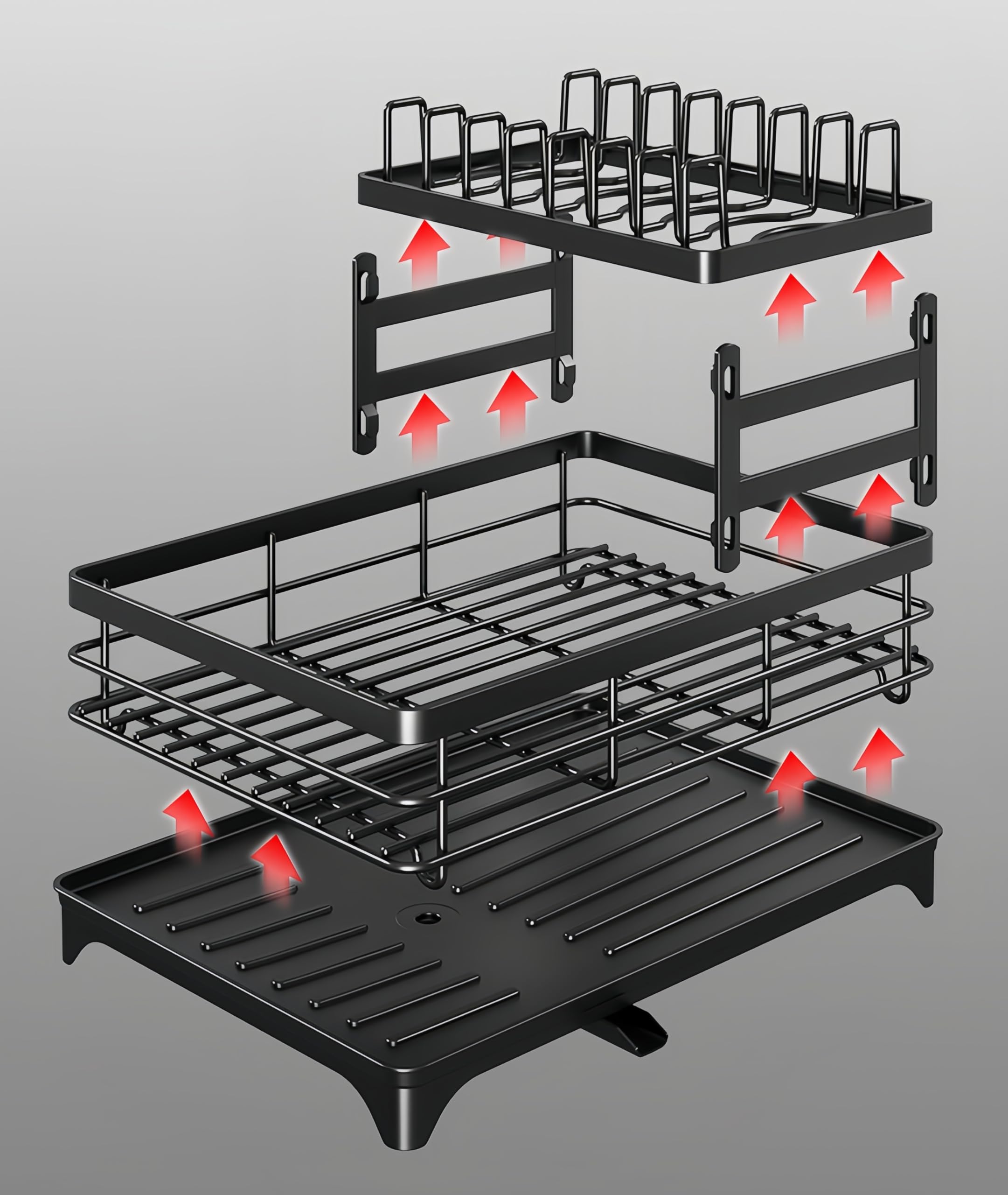 Égouttoir à vaisselle à 2 niveaux, égouttoir à vaisselle avec planche d'égouttement, support d'évier de cuisine en acier inoxydable avec ustensiles et planche à découper, noir