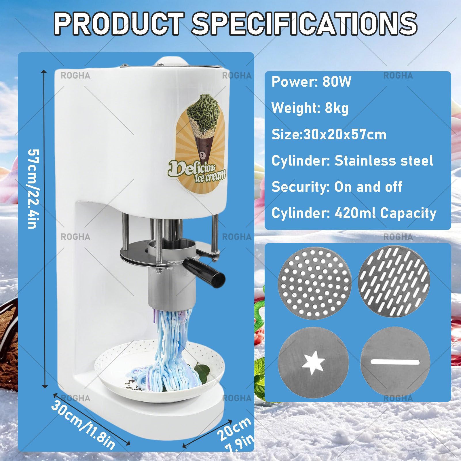 Máquina Comercial para Hacer Helados Tipo Espagueti, 80 W, con Tolva de Acero Inoxidable de 0,42 L y 4 Moldes de Formas. Extrusora Profesional de Fideos de Helado Red