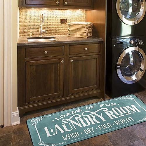 Miniatura 6 de KLL Alfombra moderna de poliéster antideslizante, lavable a máquina, decoración de lavandería para cocina, baño, baño, color azul y verde, 72 x 24