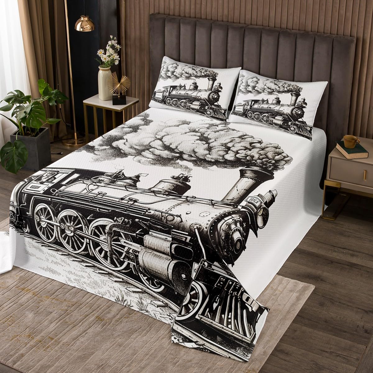 Erosebridal Train Bedspread Sets Twin Size Steam Engine Train Bed Set for Kids Boys Girls Teens Retro Vintage Trains Bedroom Decor with 1 Pillow Case Bedroom Decor