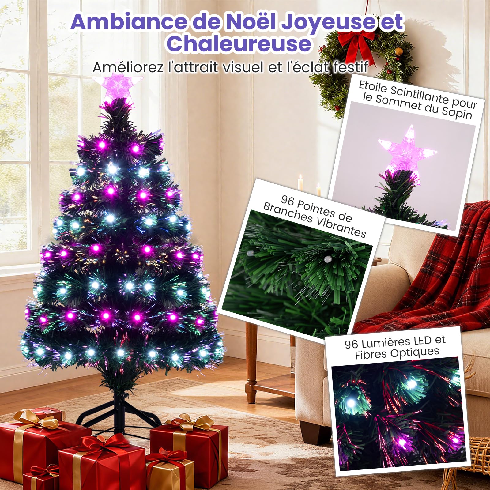DREAMADE 93 CM Sapin de Noël Artificiel, Décoration de Noël Pré-Éclairée avec 96 Branches & 96 LED, Étoile au Sommet, 8 Modes d'Éclairage et Socle en Métal, pour Maison, Fêtes et Boutique