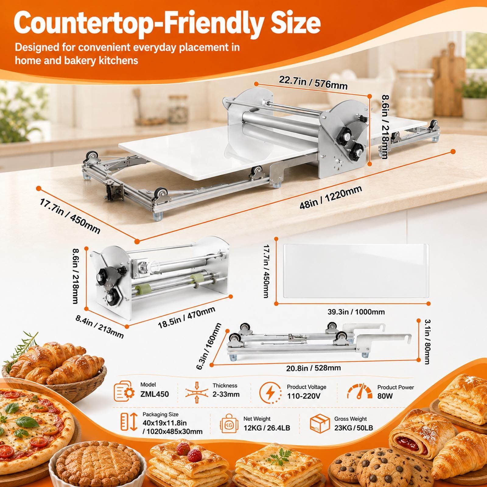 Macchina Stendipasta Elettrica per Uso Professionale E Domestico | Acciaio Inox Per Uso Alimentare E Piano In Pe Liscio Per Una Preparazione Pulita In Pasticcerie, Pizzerie