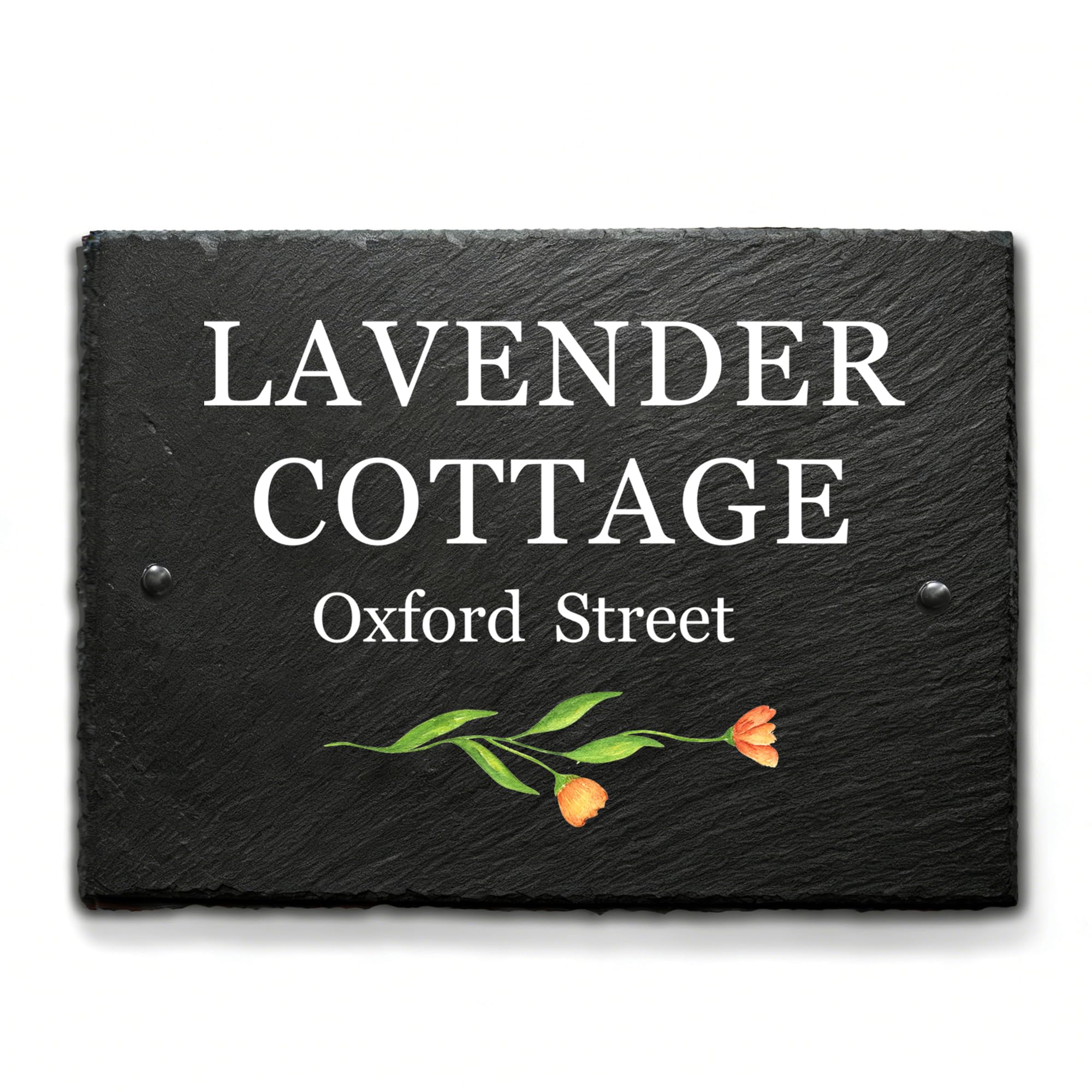EDSG Personalised Slate House Signs for Outside, UV Printed House Name Plaques for Outside Door Number Plaques for Wall, Welcome House Sign Yard Garden Signs with Wall Fixings (Large - 30x20cm)