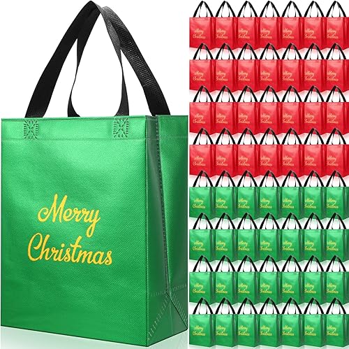 Paterr 60 bolsas de regalo de Navidad brillantes con acabado brillante, no tejidas, reutilizables, holográficas, con asas, bolsas de comestibles