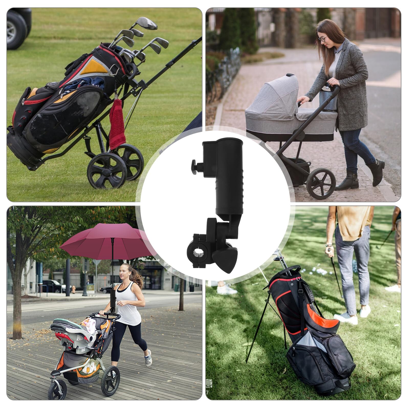 Soporte para Paraguas de Carrito de Golf, Abrazadera Ajustable de Plástico Negro, Ángulo Regulable para Sombrilla en Cochecito, Bicicleta o Silla de Ruedas