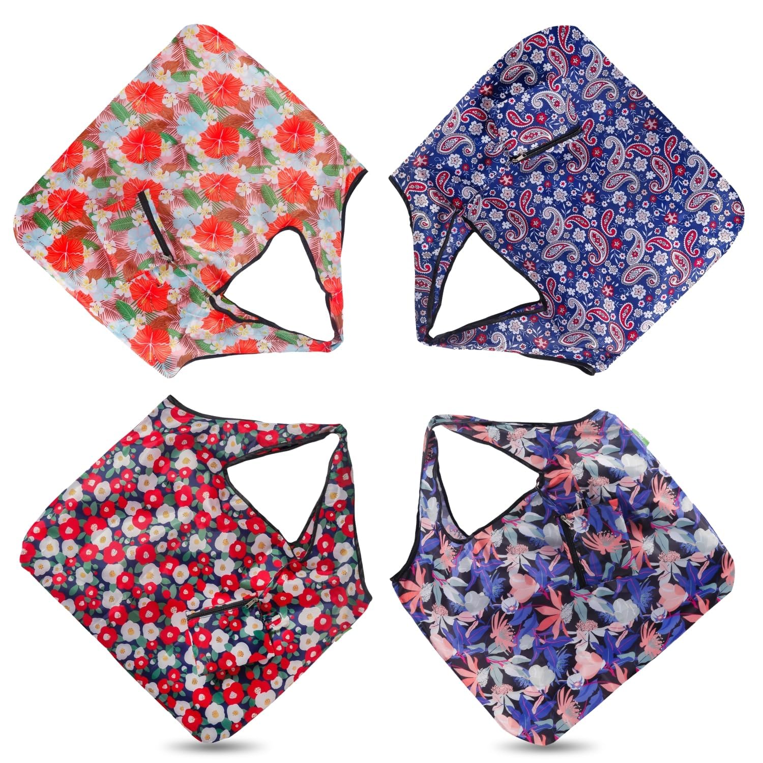 ECO CHIC Foldable Reusable Large Recycled Grocery Bags Lightweight Shopping Tote Bags with Storage Pouch - Collection of 4 bags