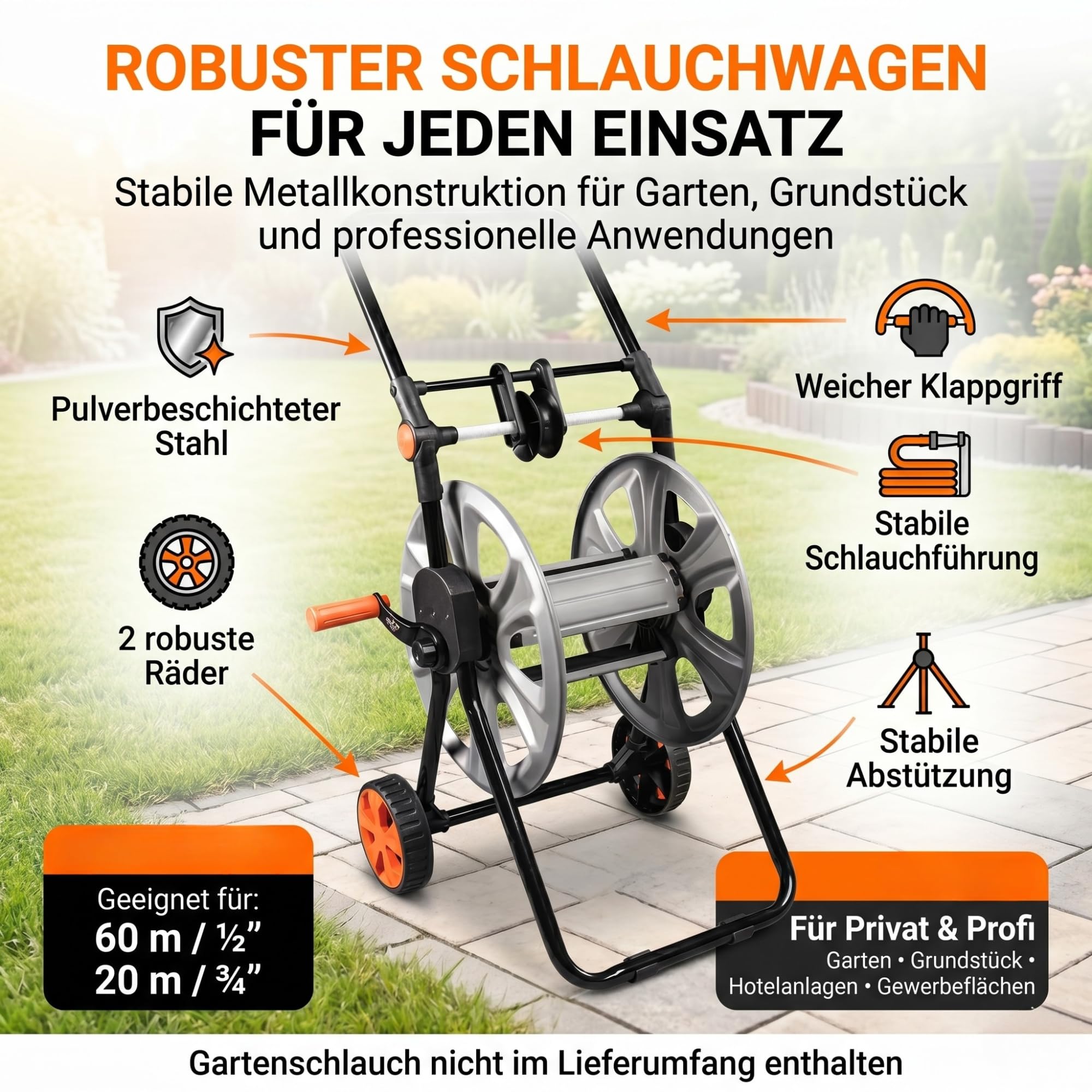NEO TOOLS Garten Schlauchwagen bis 60 m Gartenschlauch (1/2") - Schlauchtrommel aus Metal | Verhindert Schlauchknicken, Stabil und Langlebig, Rutschfester und Klappbarer Griff, Metallrahmen