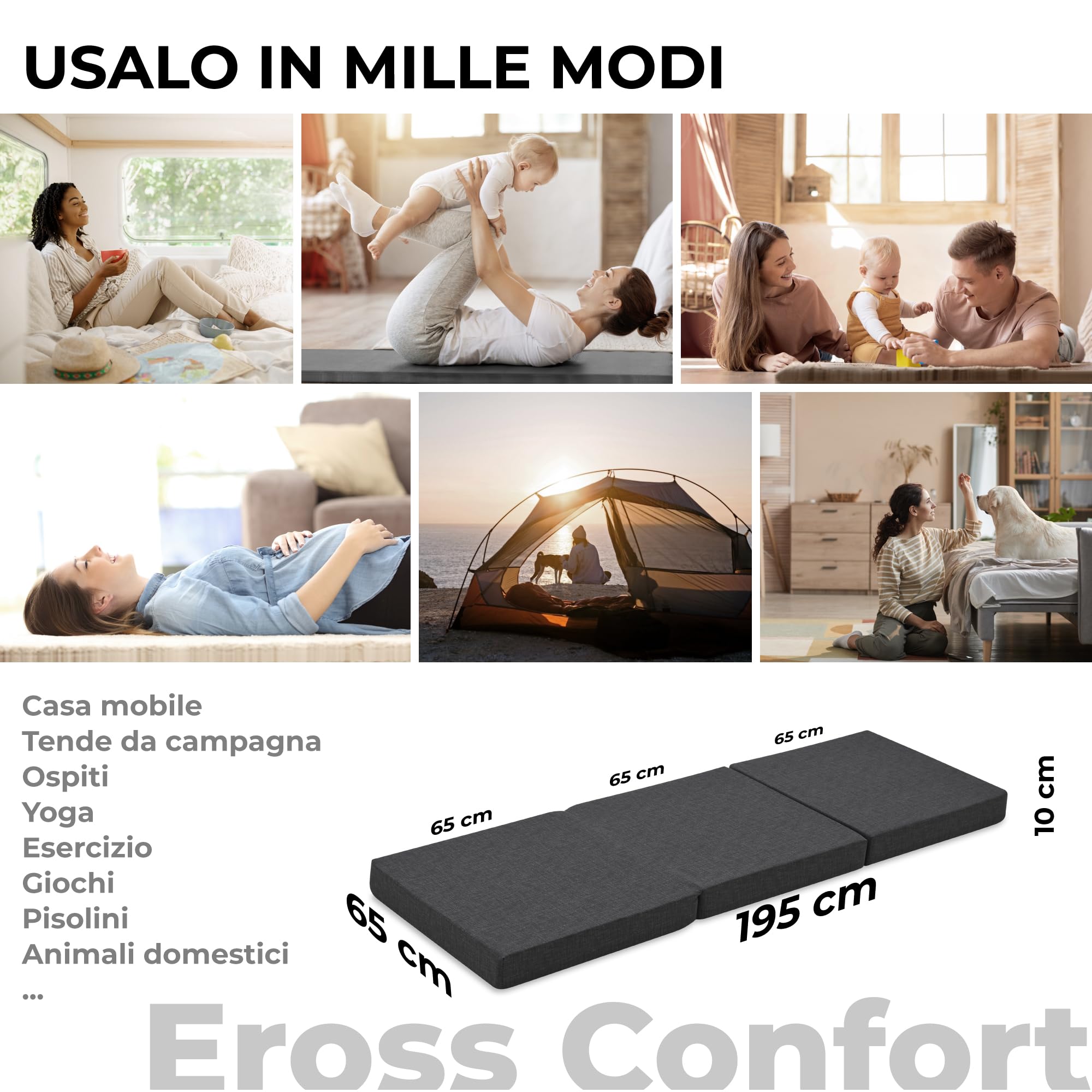 Materasso Pieghevole per Camper, Memory Foam HD. Materasso Ospite Pieghevole Molto Versatile Traspirante Fodera Lavabile Altezza 7 e 10 cm Vari Colori