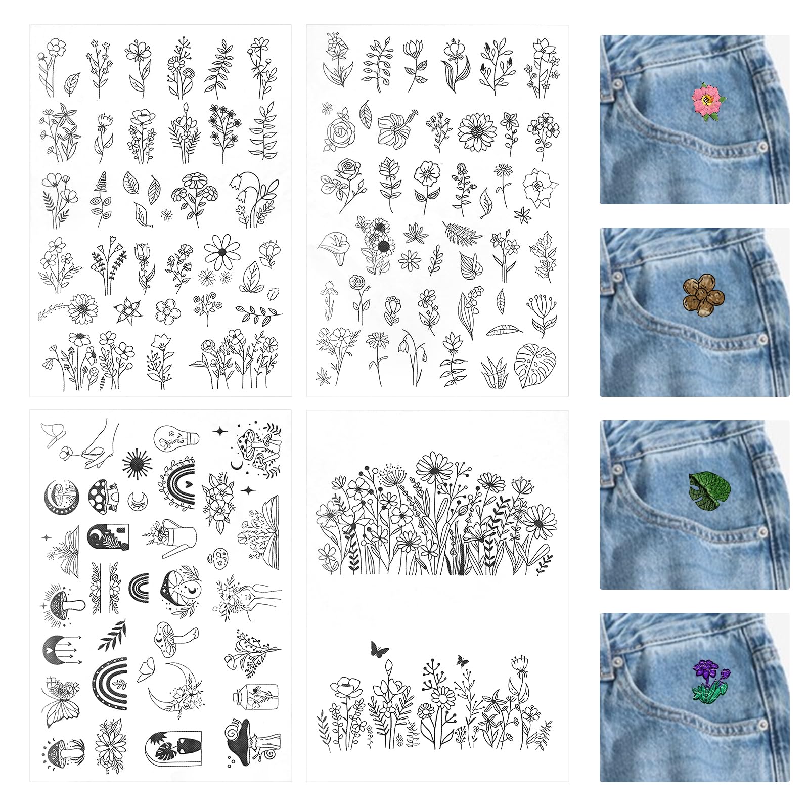 4 Blätter Stickvorlagen Wasserlöslich - Blumen & Schmetterlinge Muster Zum Sticken