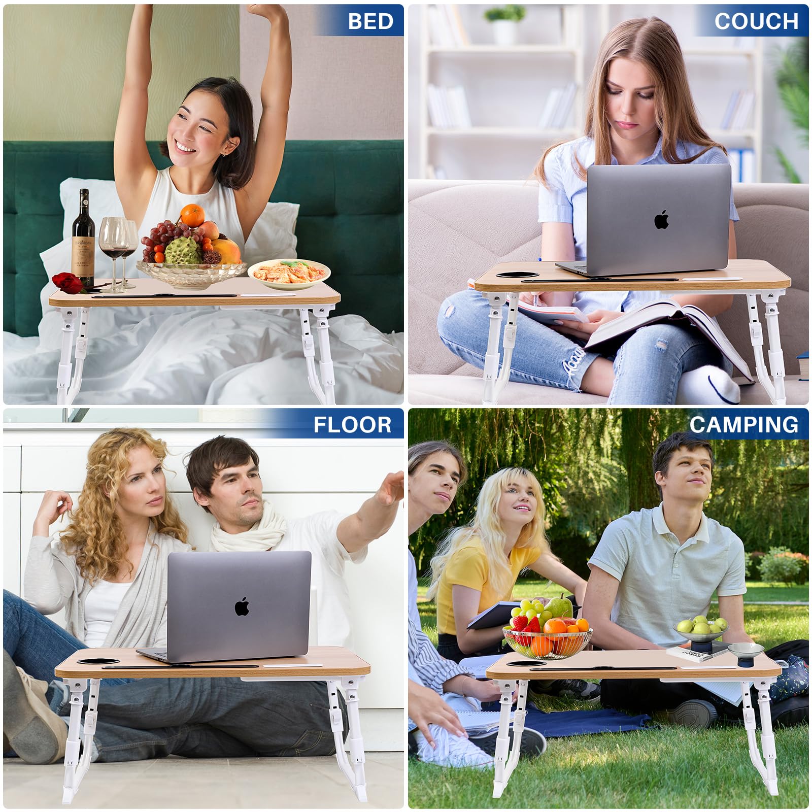 Tavolino Pieghevole Per Letto E Divano, Scrivania Portatile Per Laptop Con Cassetto E Portabicchiere, In MDF E Alluminio, Multiuso Per Colazione, Lettura, Campeggio, Nero - 2