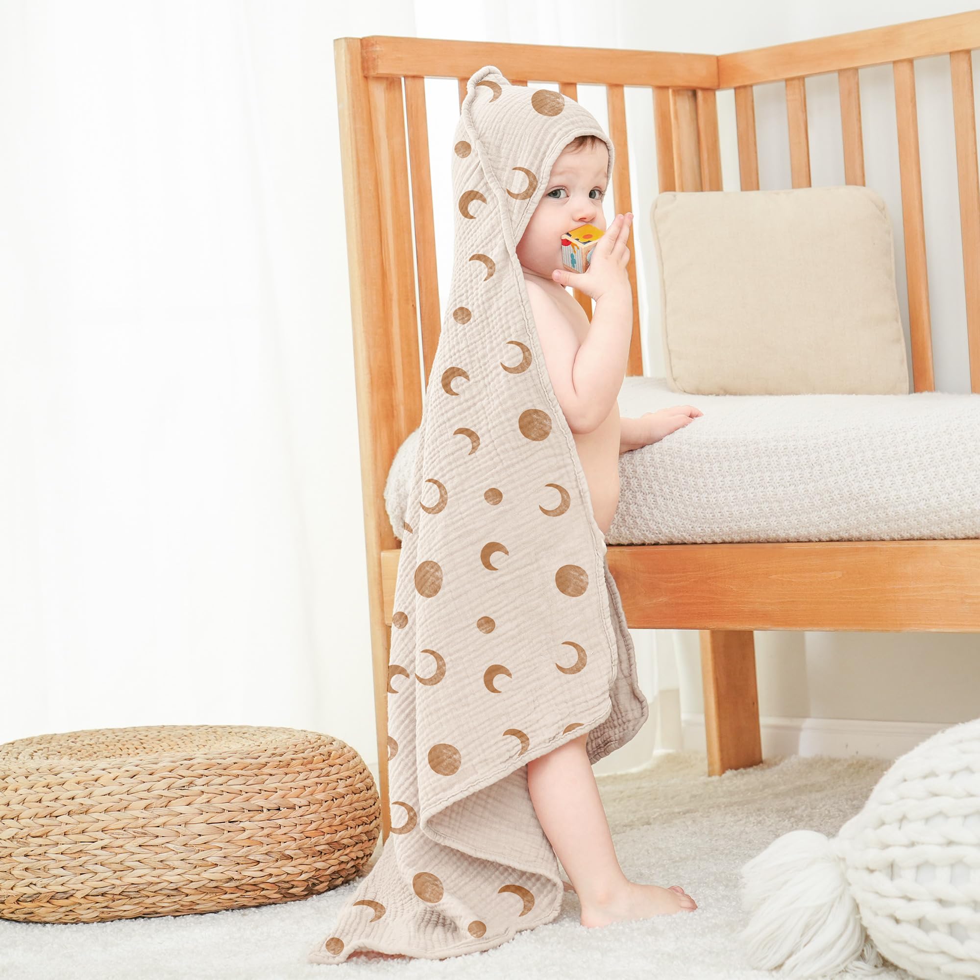 Susurration Lot de 2 Serviettes de Bain à Capuche pour bébé en Mousseline de Coton Doux et Absorbant avec Capuche (Lune Brune)