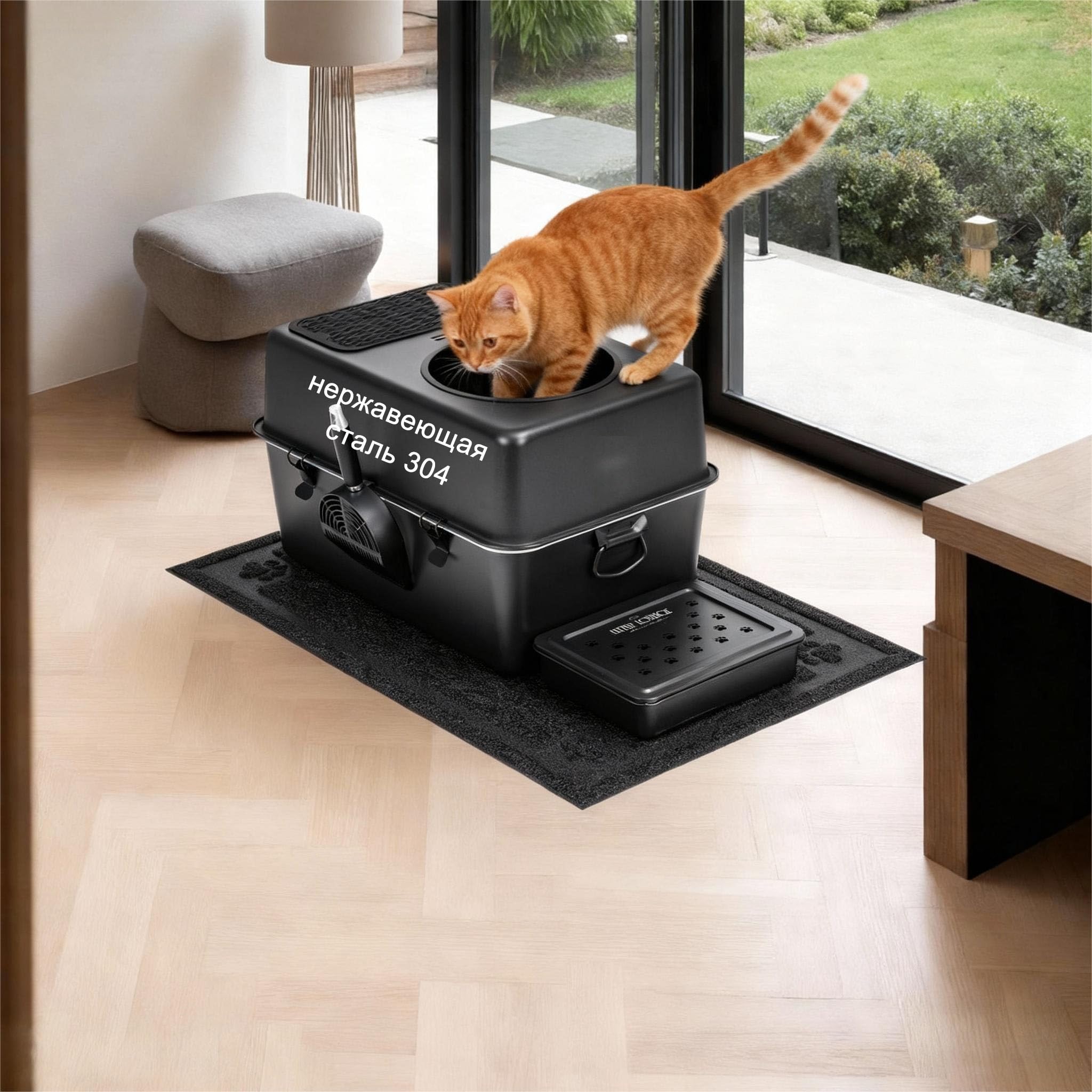 304 Stainless Steel Fully Enclosed Top-Entry Cat Litter Box Leak-Proof Design, Metal Scoop & XL Litter Mat, Side Clamps & Handles for Large Cats (Black, X-Large) - image 2