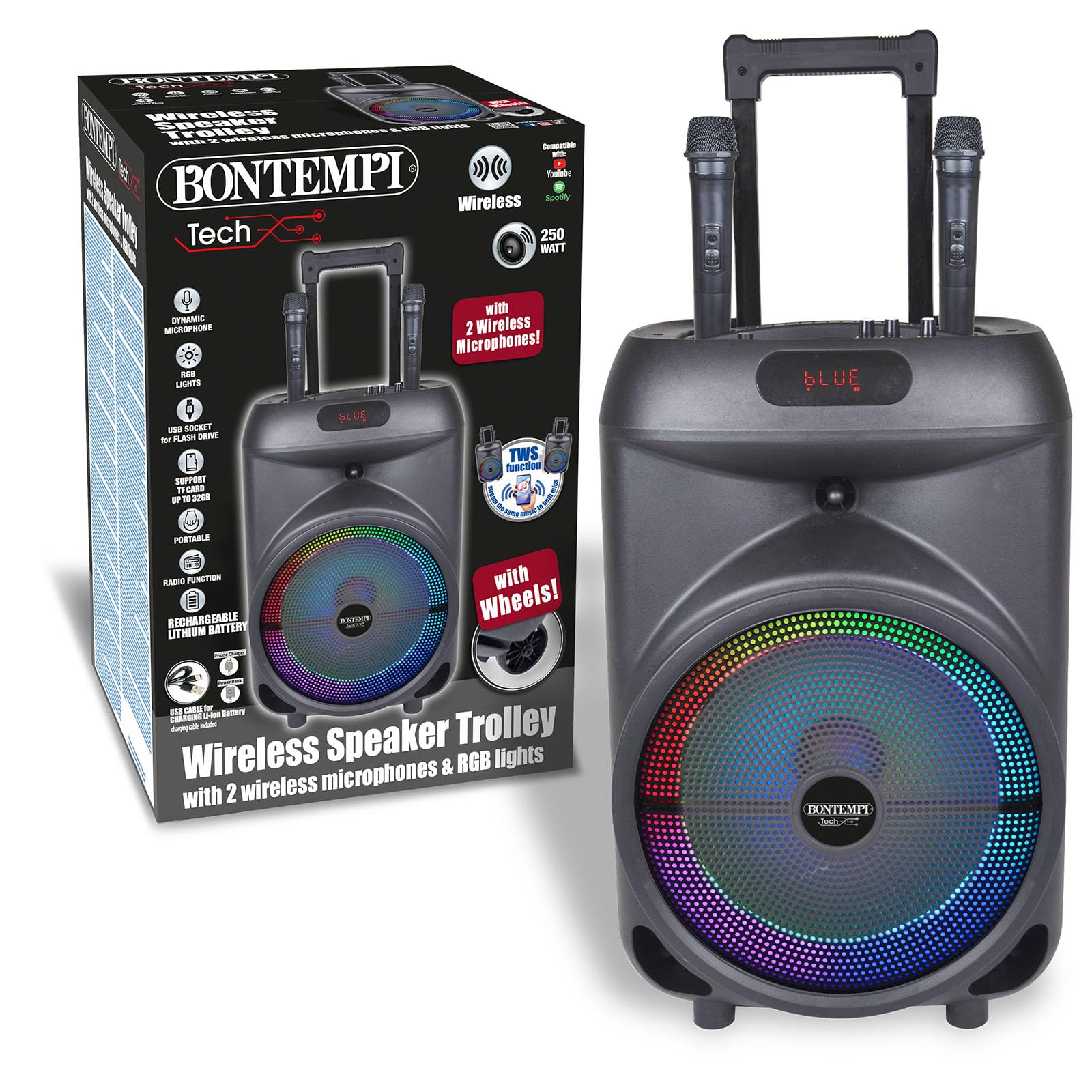 Bontempi | TrolleySync - Amplificatore Trolley Karaoke con 2 Microfoni Wireless per un'Esperienza Indimenticabile, 53,7x34,1x29,1 cm
