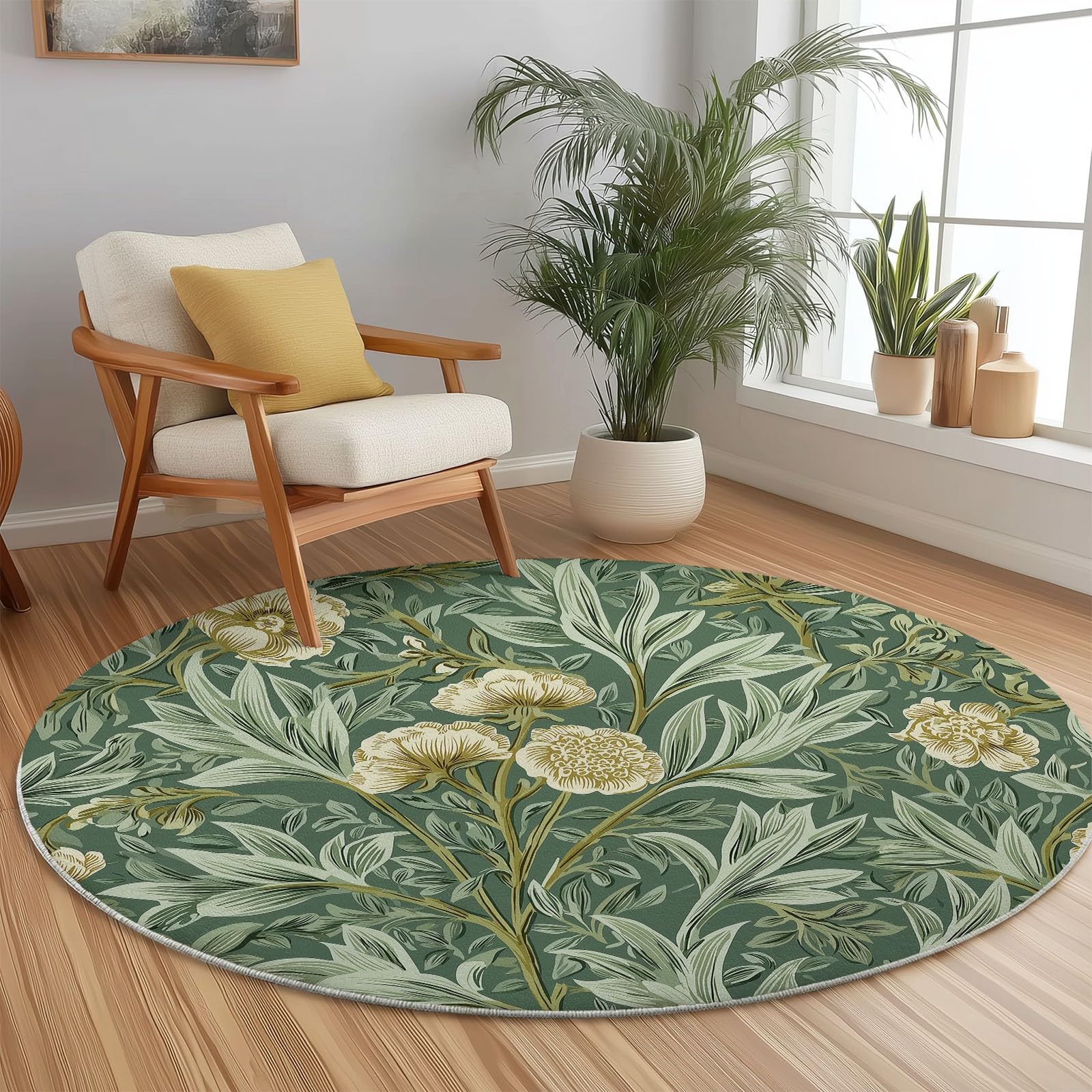 Salbeigrün Rund Teppich Wohnzimmer, William Morris Pflanzen Blumen, 160 cm Großer Weich Kurzflor Teppich Waschbar rutschfest für Esszimmer Küchen Schlafzimmer Studie Heimbüro