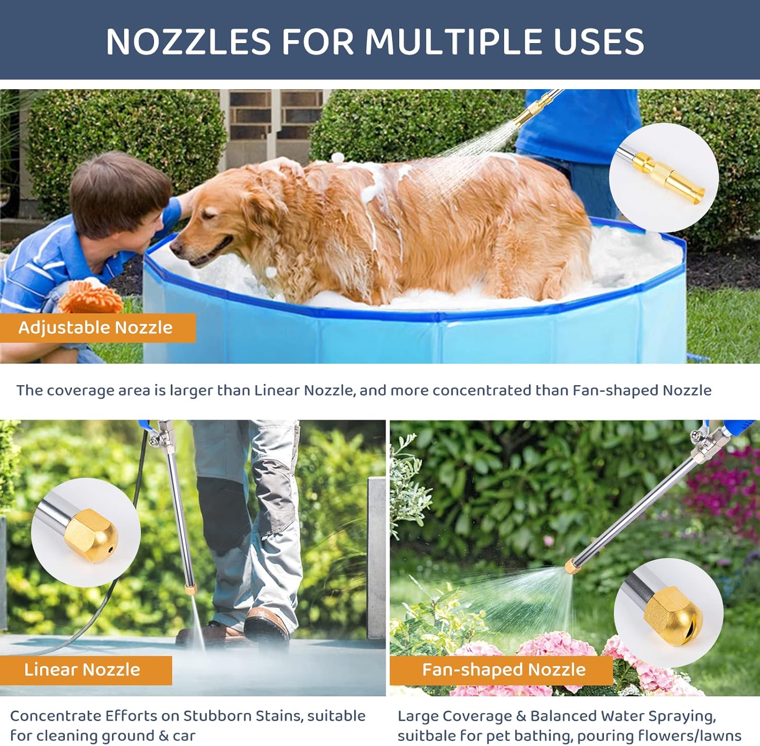 High Pressure Jet Nozzle Power Washer Wand for Garden Hose, Hydro Jet High Pressure Washer Tools with 3 Different Nozzles and Hose Quick Connectorsfor Patio Car Pet Window Glass Black