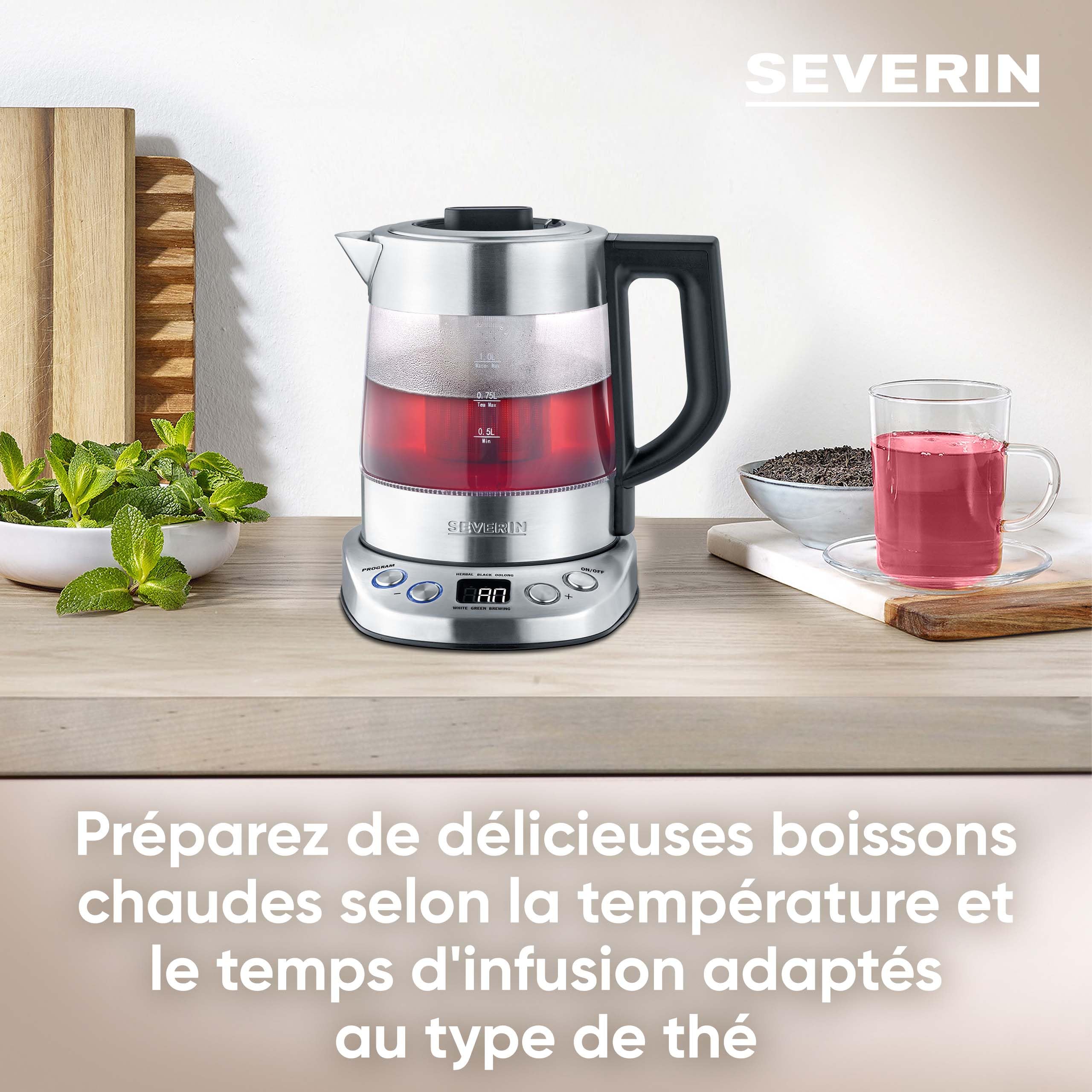 SEVERIN Bouilloire Eau et Thé, 1L, 2 200W, 5 Programmes d'Infusion Préréglés, Température et Temps Réglables, Verre/Inox, WK 3473