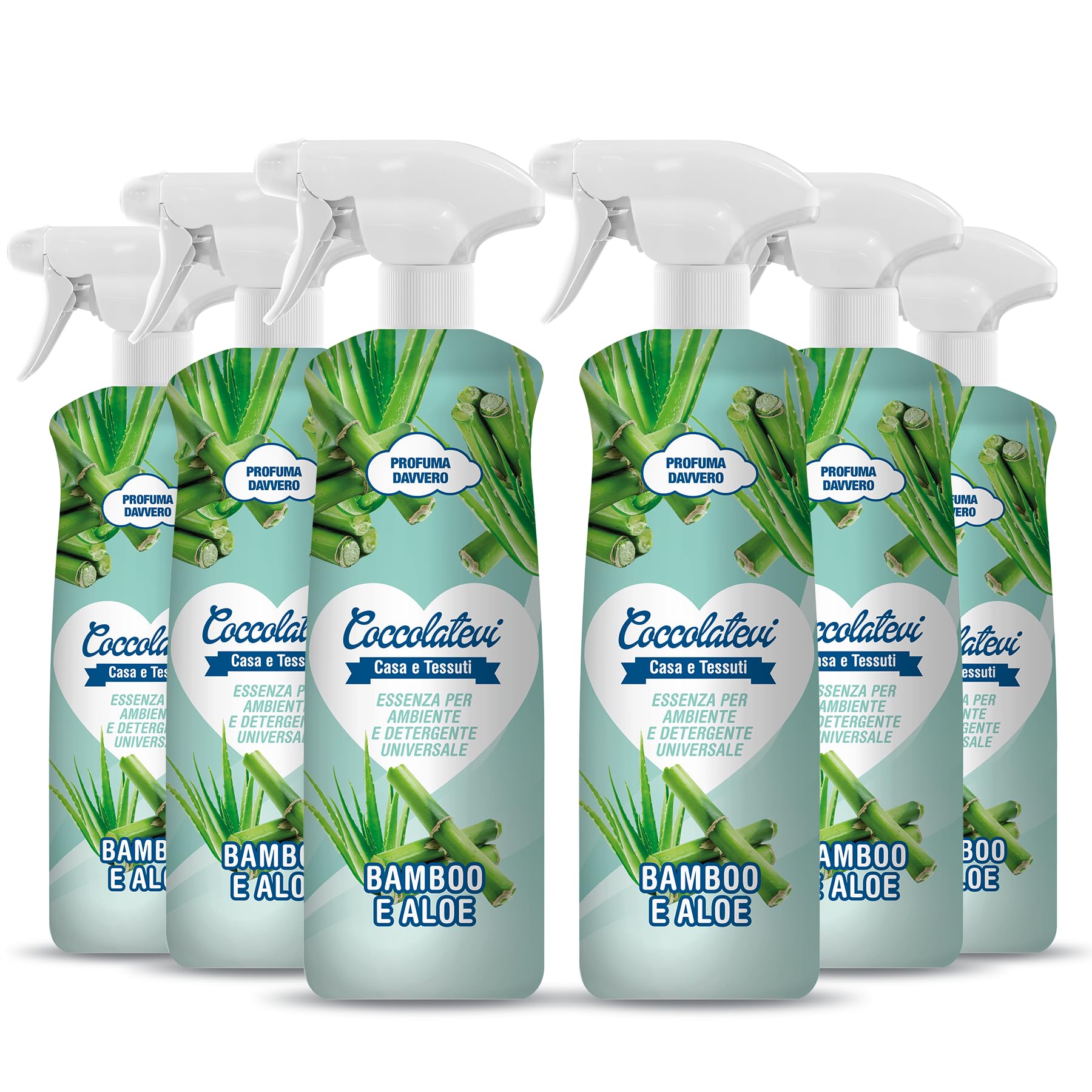 COCCOLATEVI Essenza per Ambienti Bamboo e Aloe 750 ml X 6 Profumatore per Ambienti, Armadi, Cassetti, Automobile, Deodorante Ambiente, Profumo casa, Detergente Superfici, Antipolvere