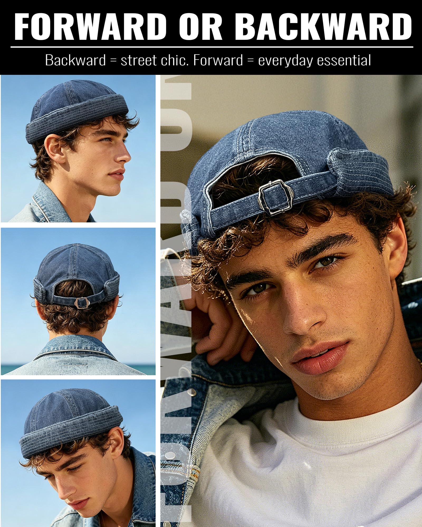 Croogo Denim-Docker-Mütze, modische Krempenlose Beanie-Mütze, Retro-Schädelmütze, gerollte Manschette, Matrosenmütze, Hip-Hop-Tanzuhr, Gd59, Einheitsgröße