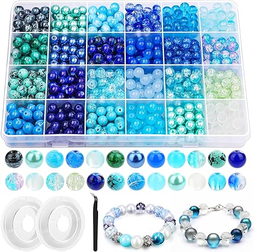 PAXCOO 720 piezas Cuentas de vidrio para hacer joyas 8mm, kit de fabricación de pulseras de cuentas de 24 colores Cuentas sueltas redondas azules