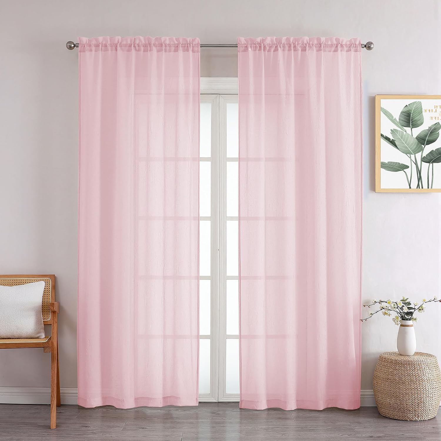 Chyhomenyc Crushed Sheer Curtains 54 Inch Length 2 Panels, Crinkle Voile Light Filtering Short Sheer Curtains for Bedroom Living Room, Each 42Wx54L Inches, Blush Pink