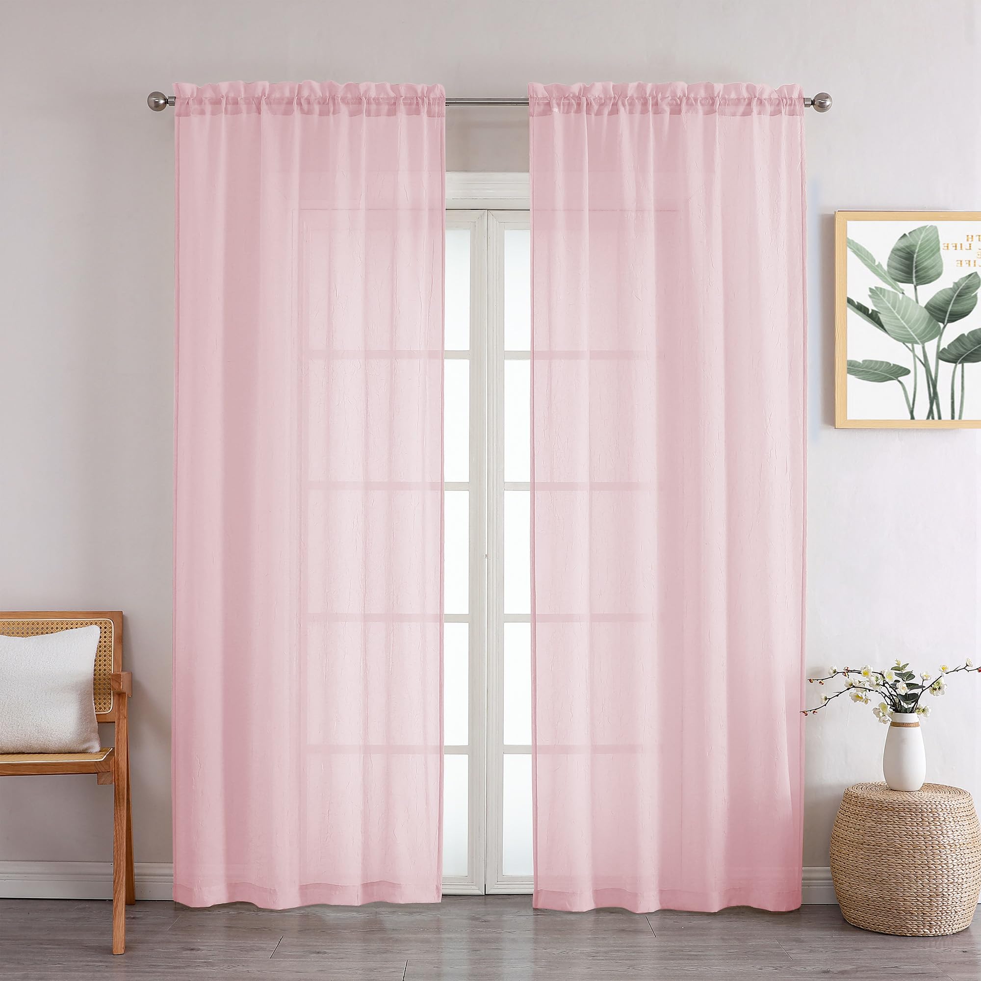 Chyhomenyc Crushed Sheer Blush Pink Curtains 84 Inch Length 2 Panels, Light Filtering Solid Crinkle Voile Lightweight Textured Sheer Curtian for Bedroom Bathroom, Each 42Wx84L Inches