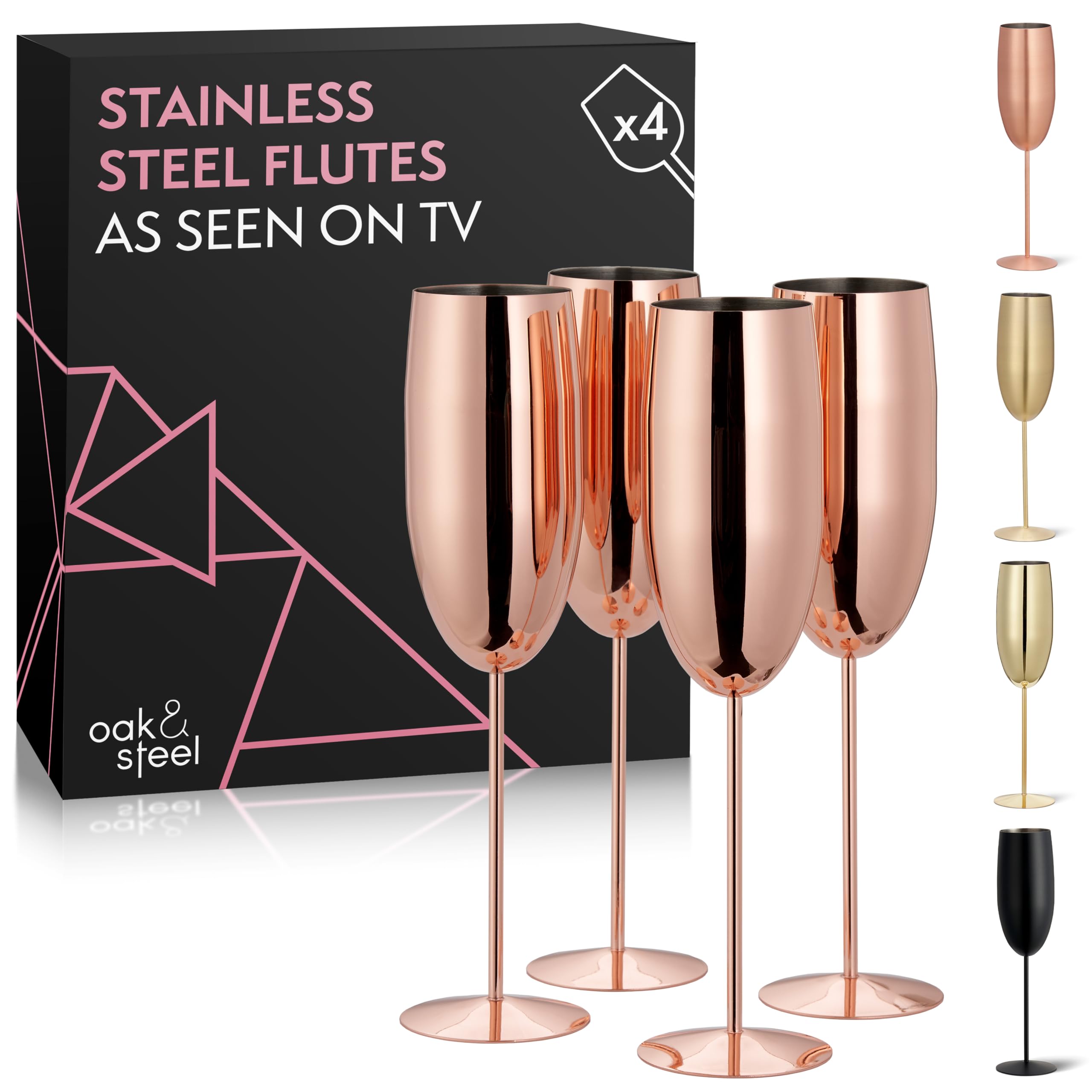 Oak & Steel - 4 Kieliszki do Szampana ze Stali Nierdzewnej z Pudełkiem na Prezenty, Miedź/Różowe Złoto 285ml - Eleganckie i Nietłukące - Zestaw Upominkowy na Specjalne Okazje