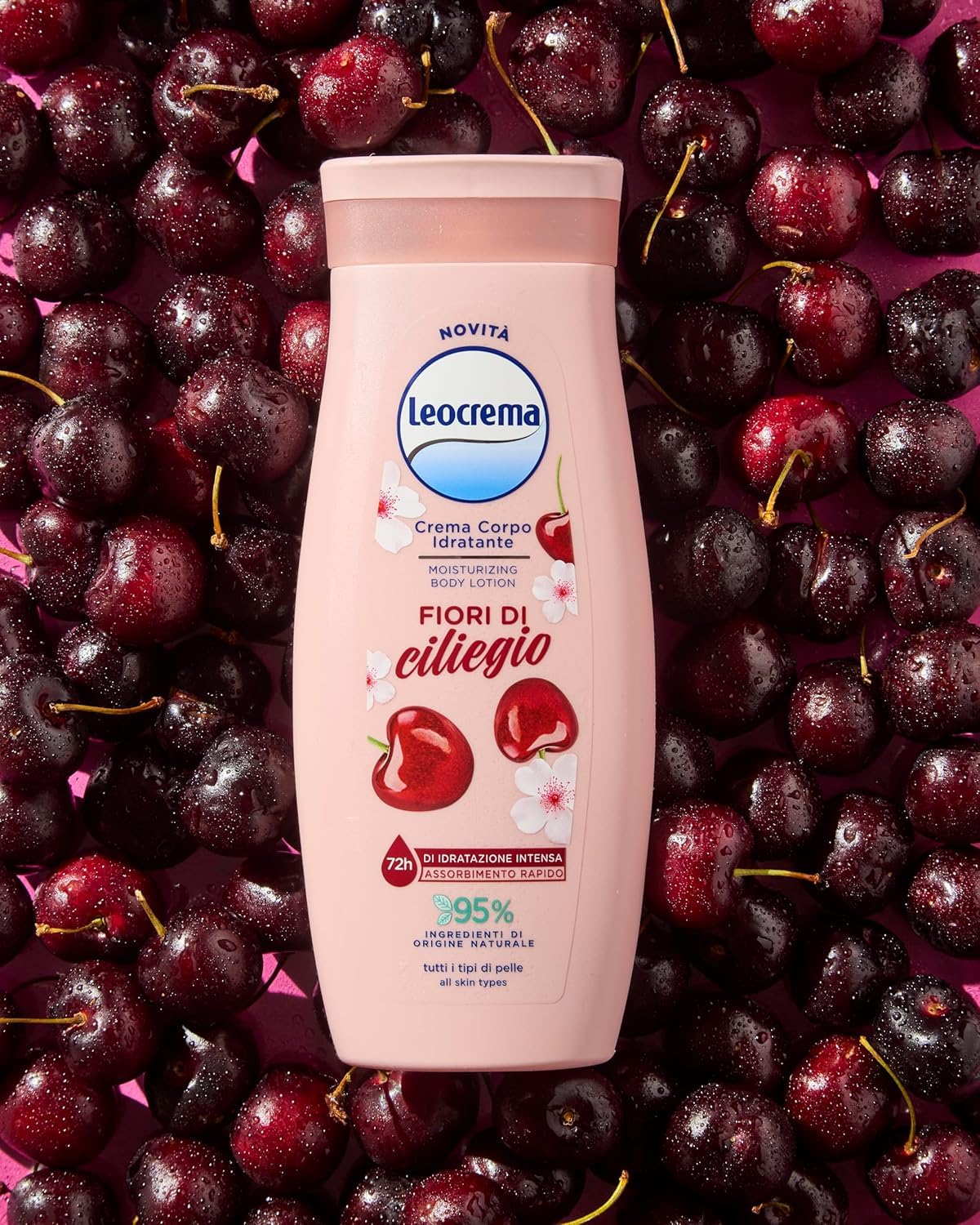 Leocrema - 12 creme idratanti Fiori di Ciliegio, per tutti i tipi di pelle, cura intensiva per 72 ore, 250 ml, + portachiavi Italy Shop Service gratuito
