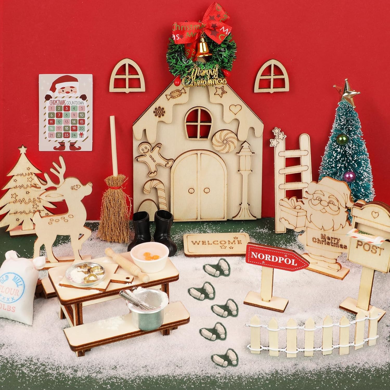 Vookkp Porta Elfo Natale Kit 19PCS Decorazioni Miniature Casetta in Legno Elf on the Shelf Kit ElfoNatale Decorazioni Natalizie Elfo Casa Delle Bambole di Natale