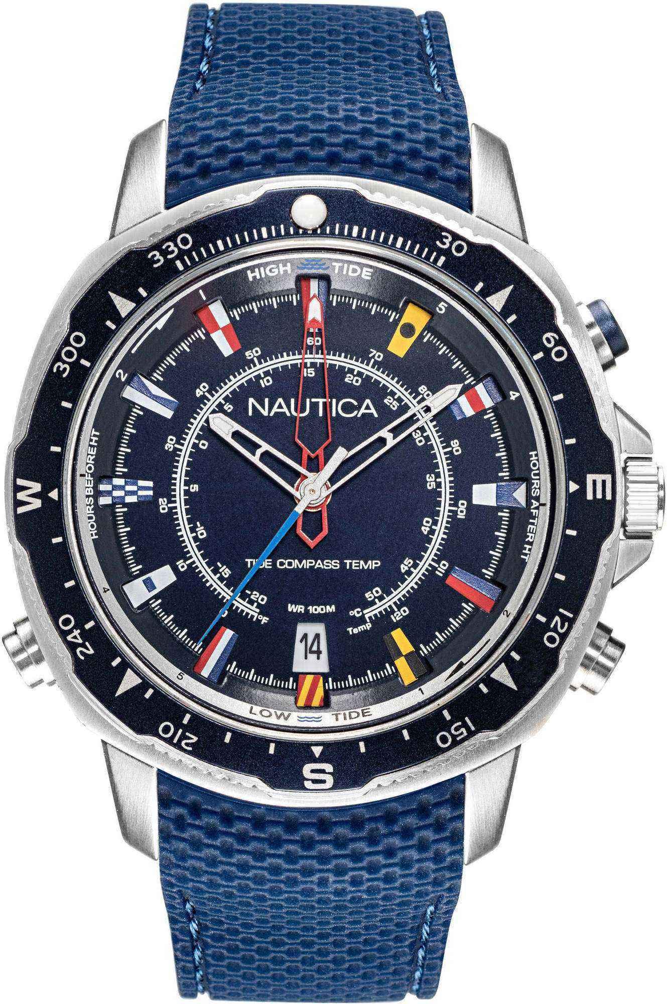 Nautica Soledad South Watch face and blue strap, showing the dial with compass markings, tide indicator, and temperature gauge.