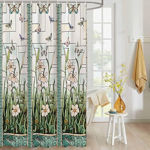 Waterproof Shower Curtain Stained Glass Meadow Flower Dragonfly Print Polyester Fabric Bath Curtain Home Hotel Apartment Bathroom Shower Curtain 72x72IN