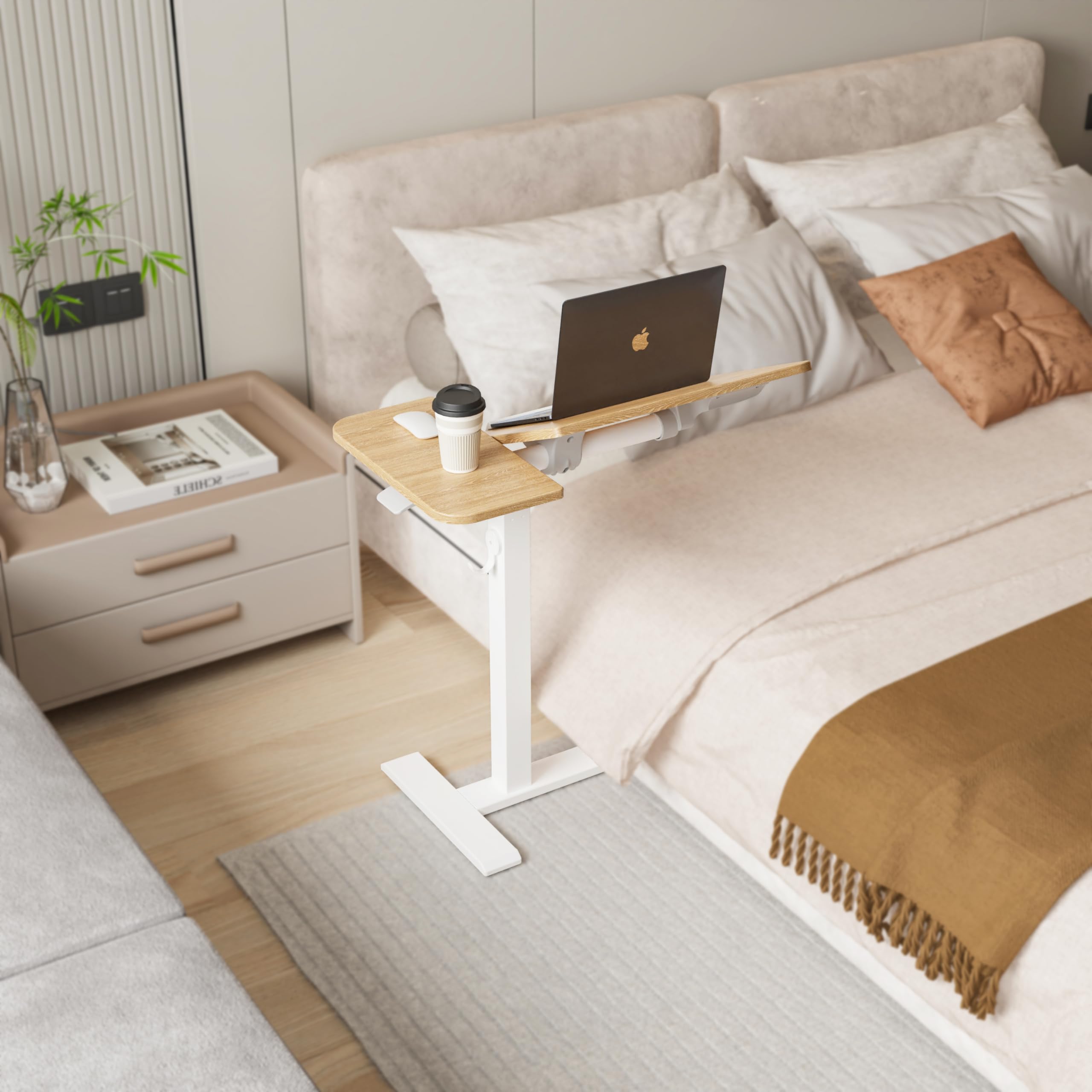 ETHU Tavolo per computer portatile regolabile in altezza, tavolino multifunzione con piano di lavoro inclinabile e ruote incassate, tavolo da letto portatile ergonomico per ufficio e casa (quercia)