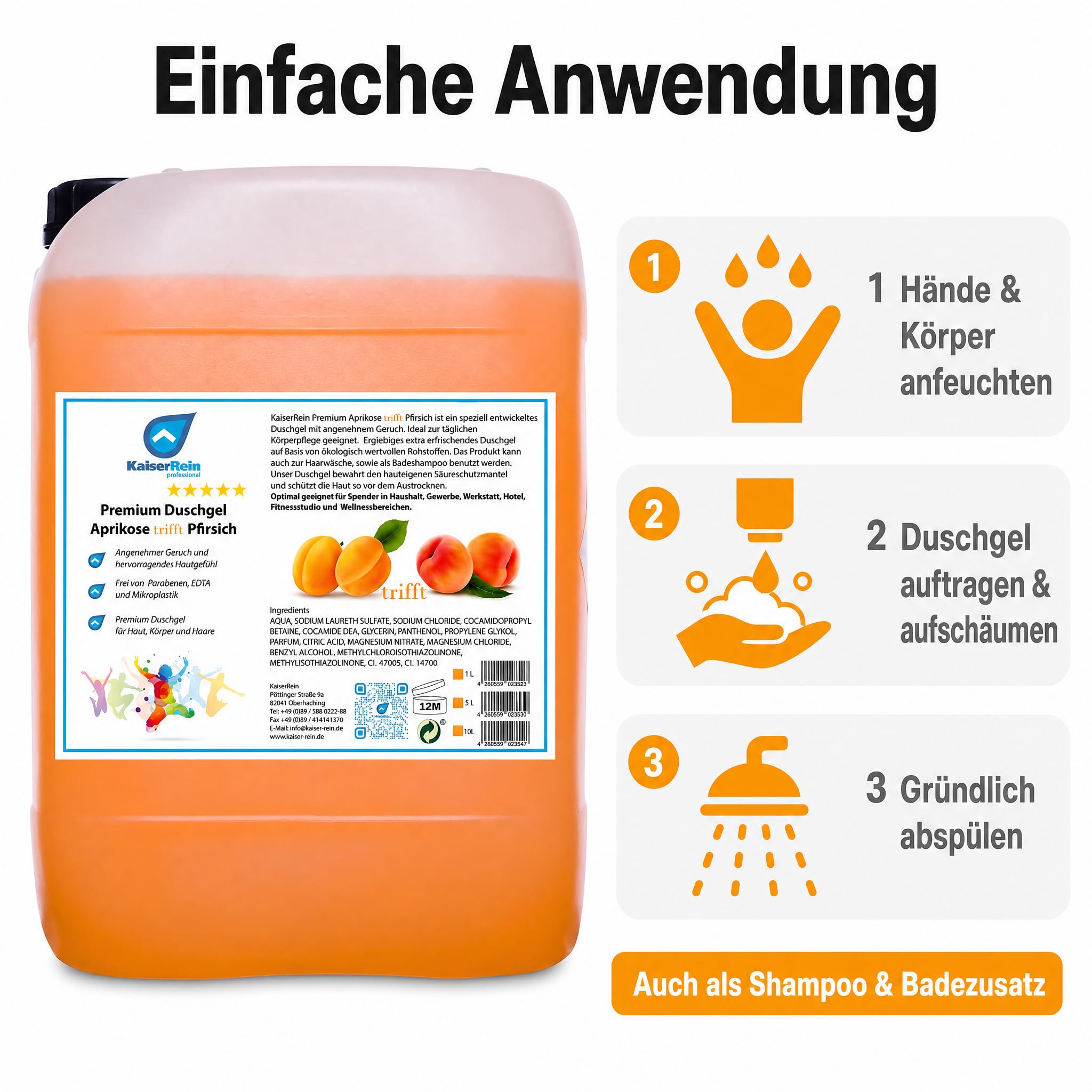 KaiserRein Duschgel Aprikose-Pfirsich, 10 L Nachfüllkanister, 3-in-1 Duschgel Shampoo Badezusatz, für Spender, fruchtiger Duft, mikroplastikfrei, ohne Parabene & EDTA