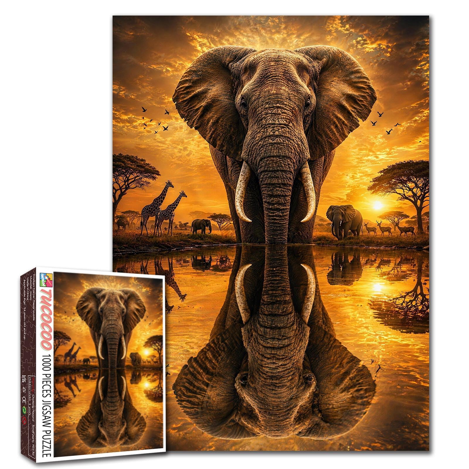 Reflection African Elephant Puzzle Sunset Landscape Jigsaw Wildlife 1000 Pieces Puzzles for Adults Beginner Nature Inside Challenging Family Activity Games DIY Crafts Puzzle for Home Decor Gifts