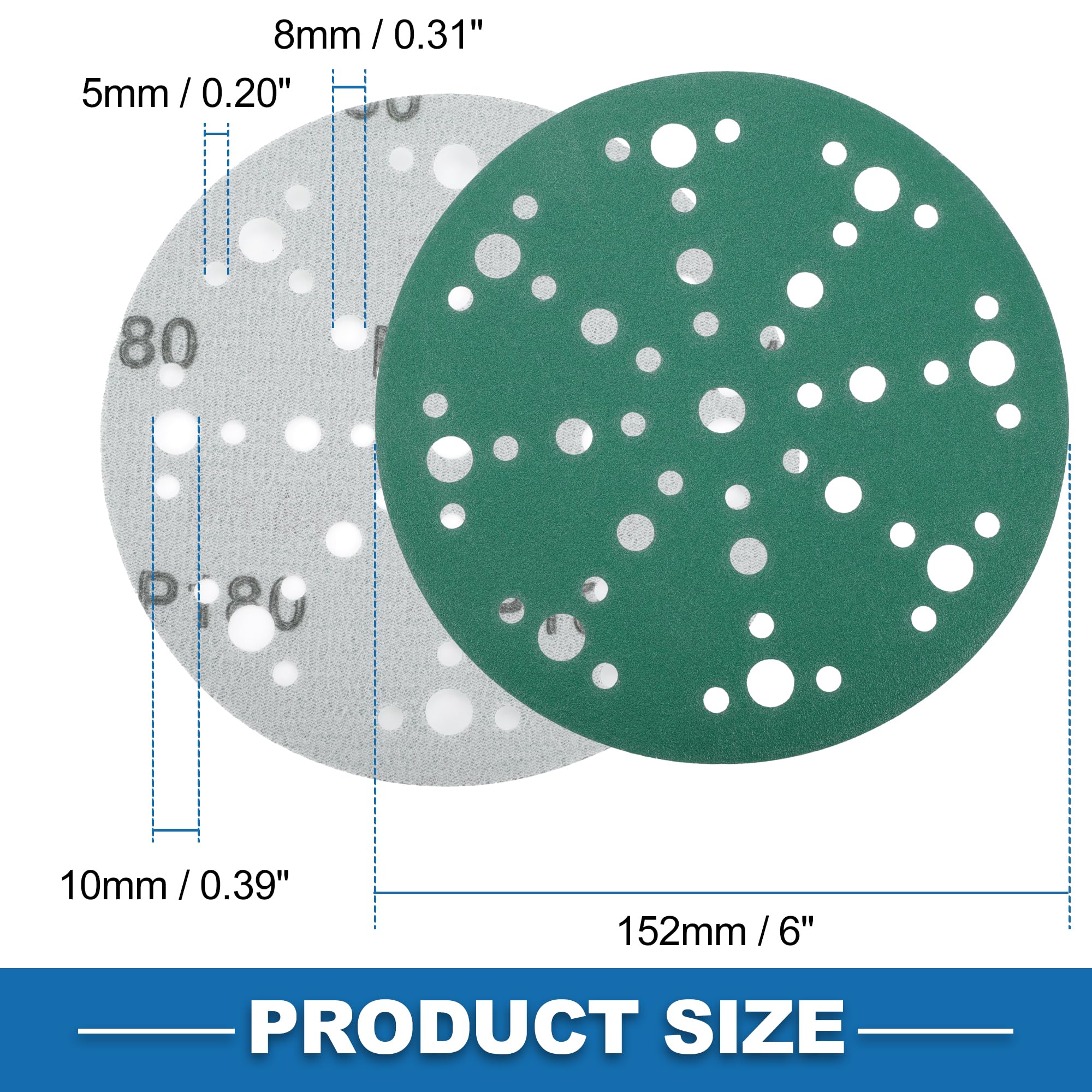 A ABSOPRO Sanding Discs 6 Inch 49 Hole 180 Grit Round Hook and Loop Sandpaper Aluminum Oxide Green 50pcs, 6" - Image 4