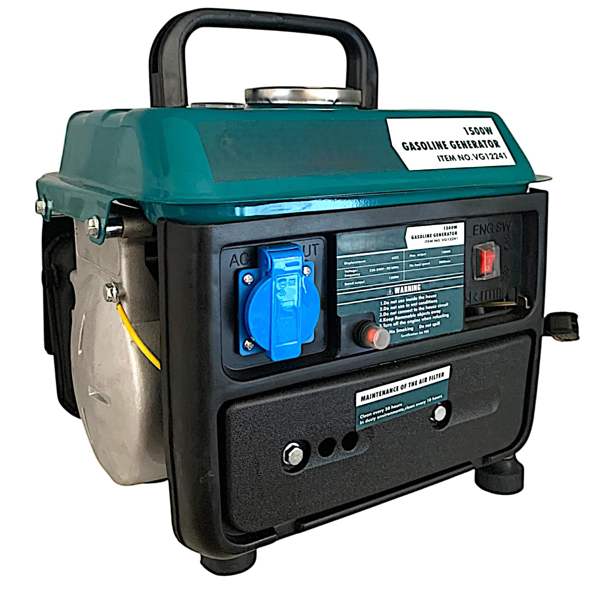 Gruppo Elettrogeno Generatore di Corrente 63CC a 2 Tempi Miscela 1200-1500W 2HP Trasportabile Tensione Nominale 220-240V 3000 Giri/Minuto per Casa, Garage, Officina