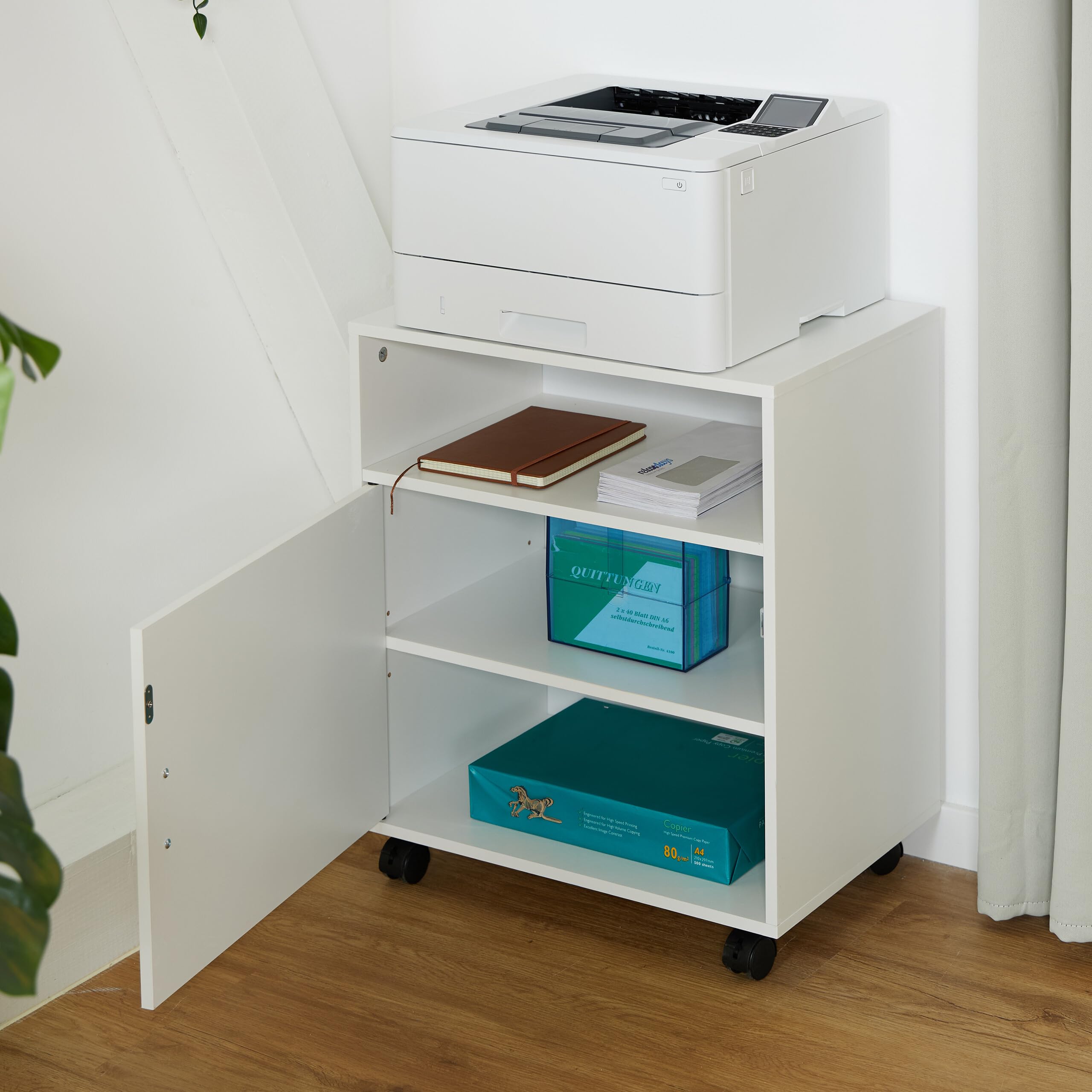 Relaxdays Mesa Impresora con 4 Cajones y Puerta, Cajonera Oficina con Ruedas, Mueble Despacho, 57 x 48 x 34 cm, Blanco