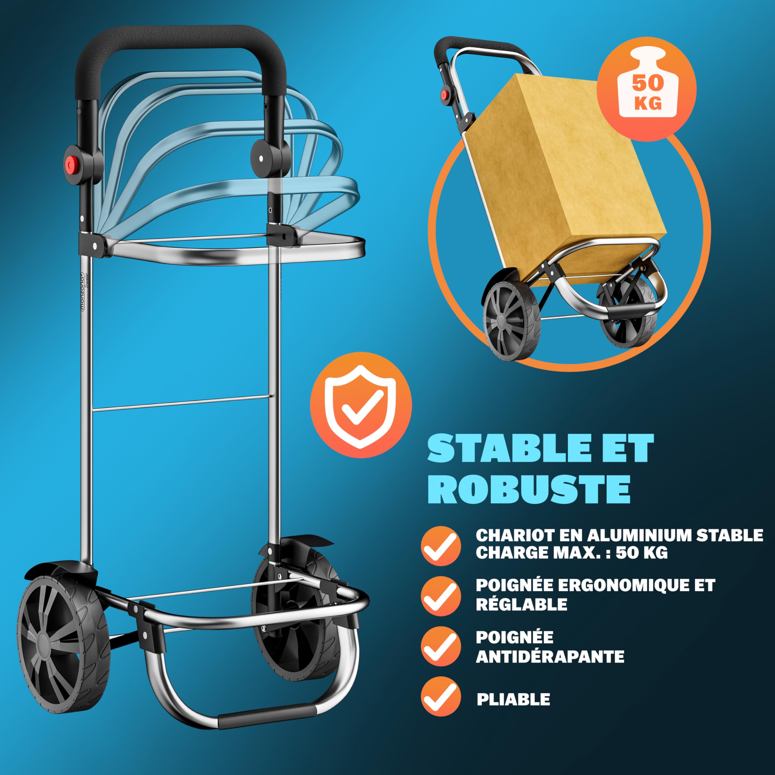 MONZANA® Chariot de courses gris 56 litres 3en1 pliable compartiment isotherme poignée réglable bandes réfléchissantes