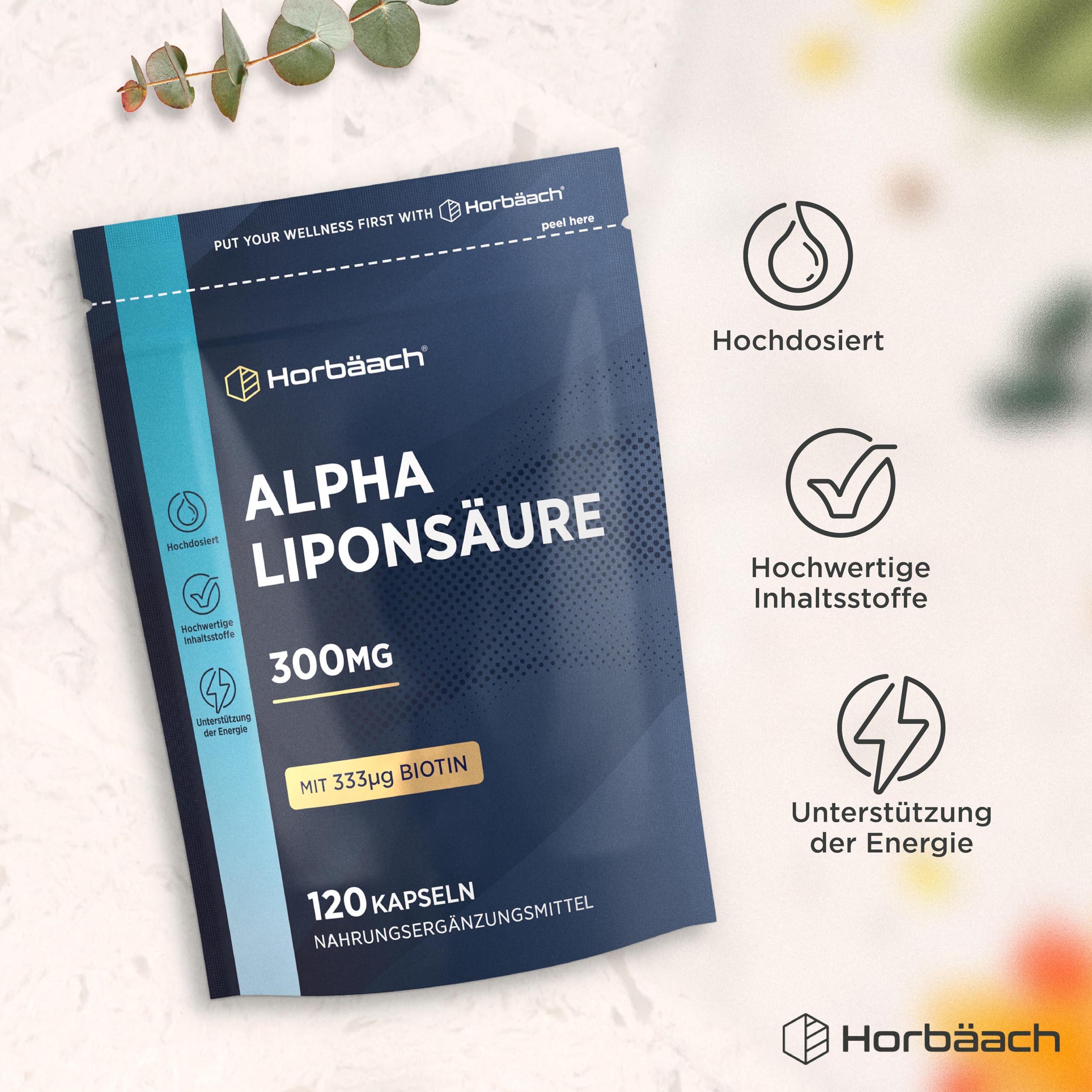 Alpha Liponsäure 300mg Pure | 4 Monate Vorrat - 120 Alpha Lipoic Acid Kapseln | Hochdosiert | ALA | Beauty Complex mit Biotin | Horbaach